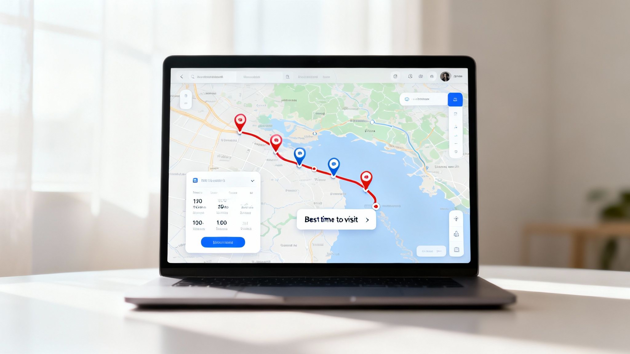 A laptop displays a digital map showing a travel route with red and blue pins, suggesting trip planning.