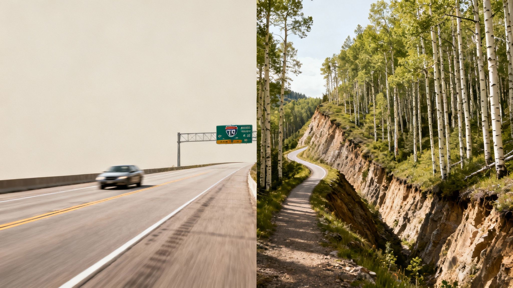 Highway with a blurred car and sign juxtaposed with a winding forest road surrounded by aspen trees.