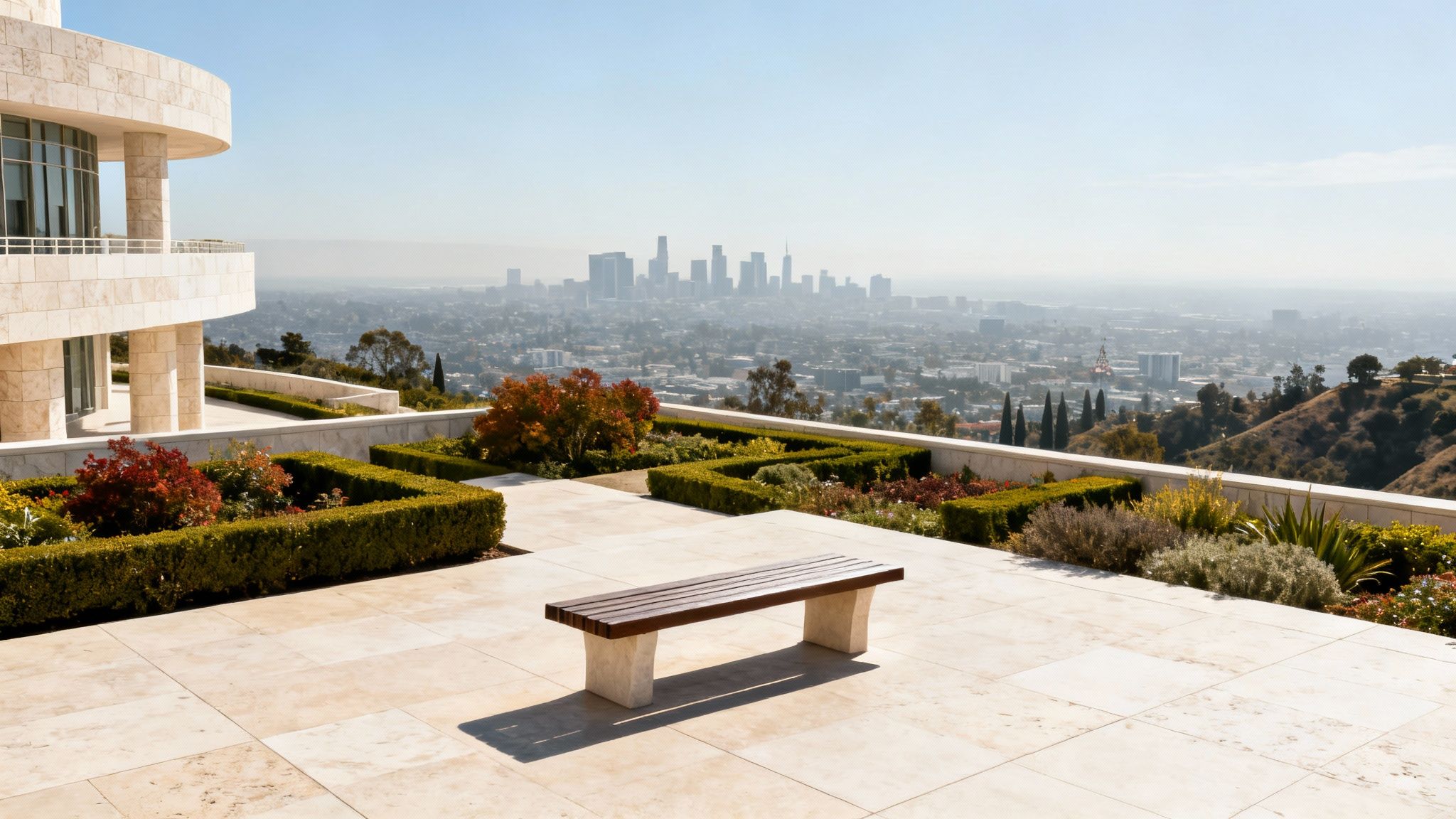 A stunning view of the Los Angeles skyline from a tiled patio at the Getty Center.