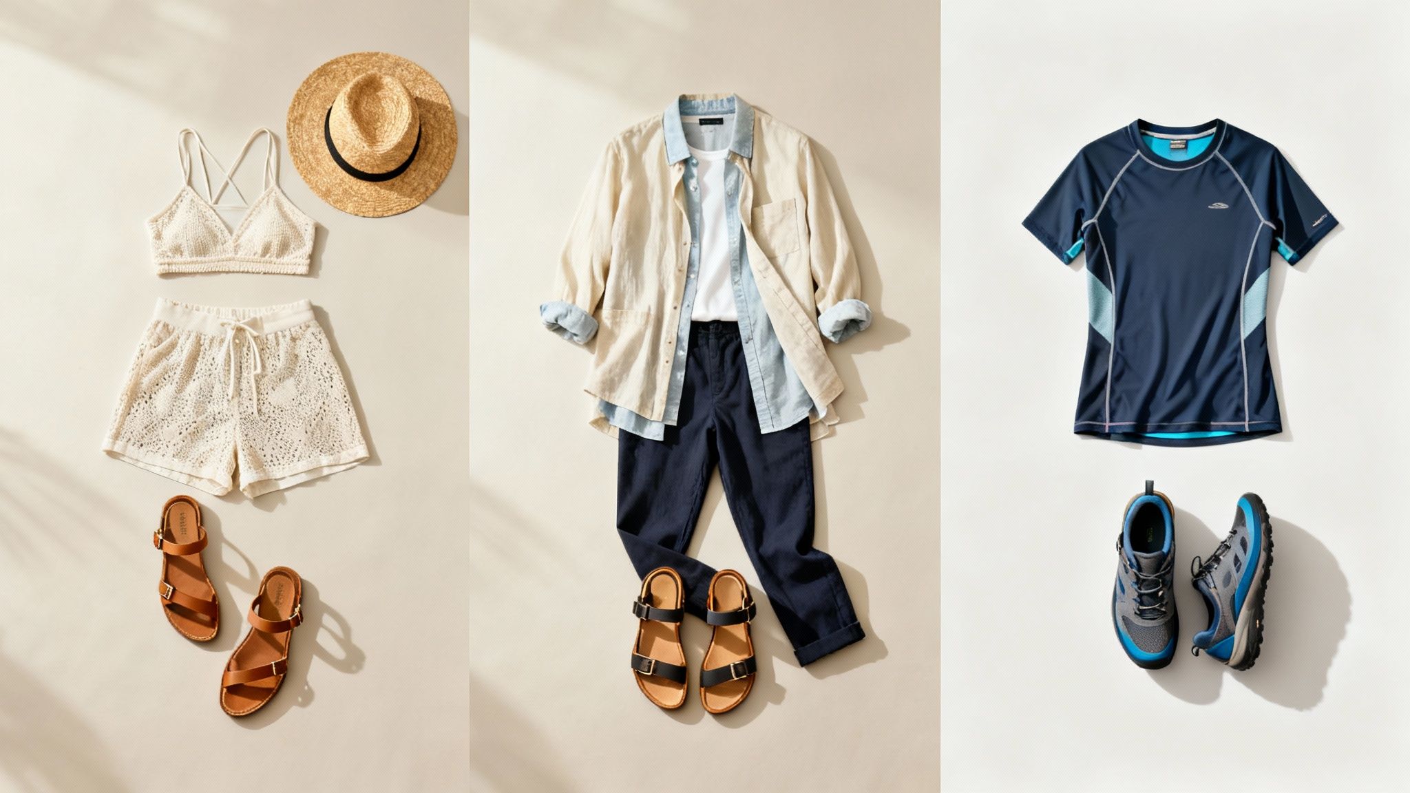 A flat lay of three distinct summer outfits, including beachwear, casual attire, and athletic gear.