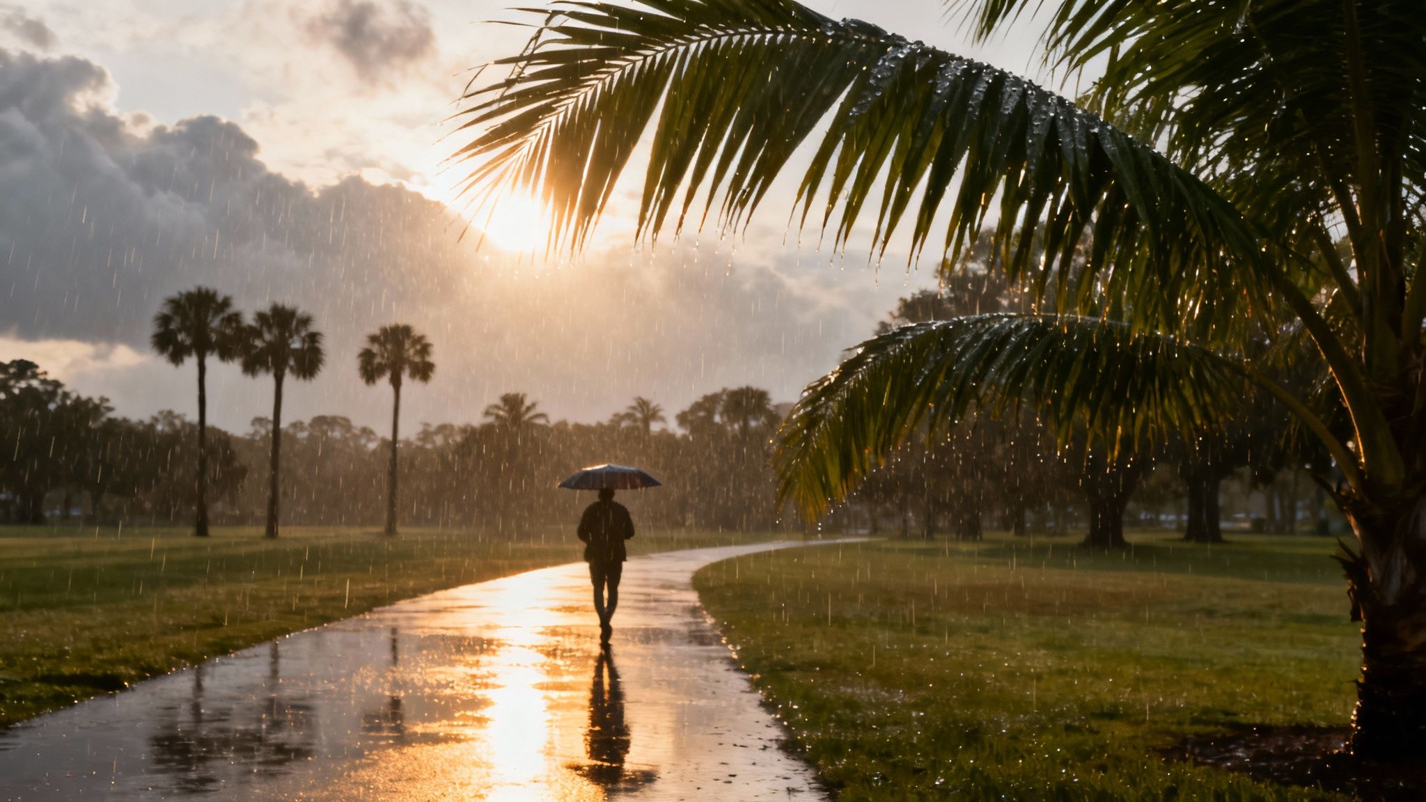 A person walks with an umbrella on a wet path during a tropical rain shower at sunset, with palm trees.