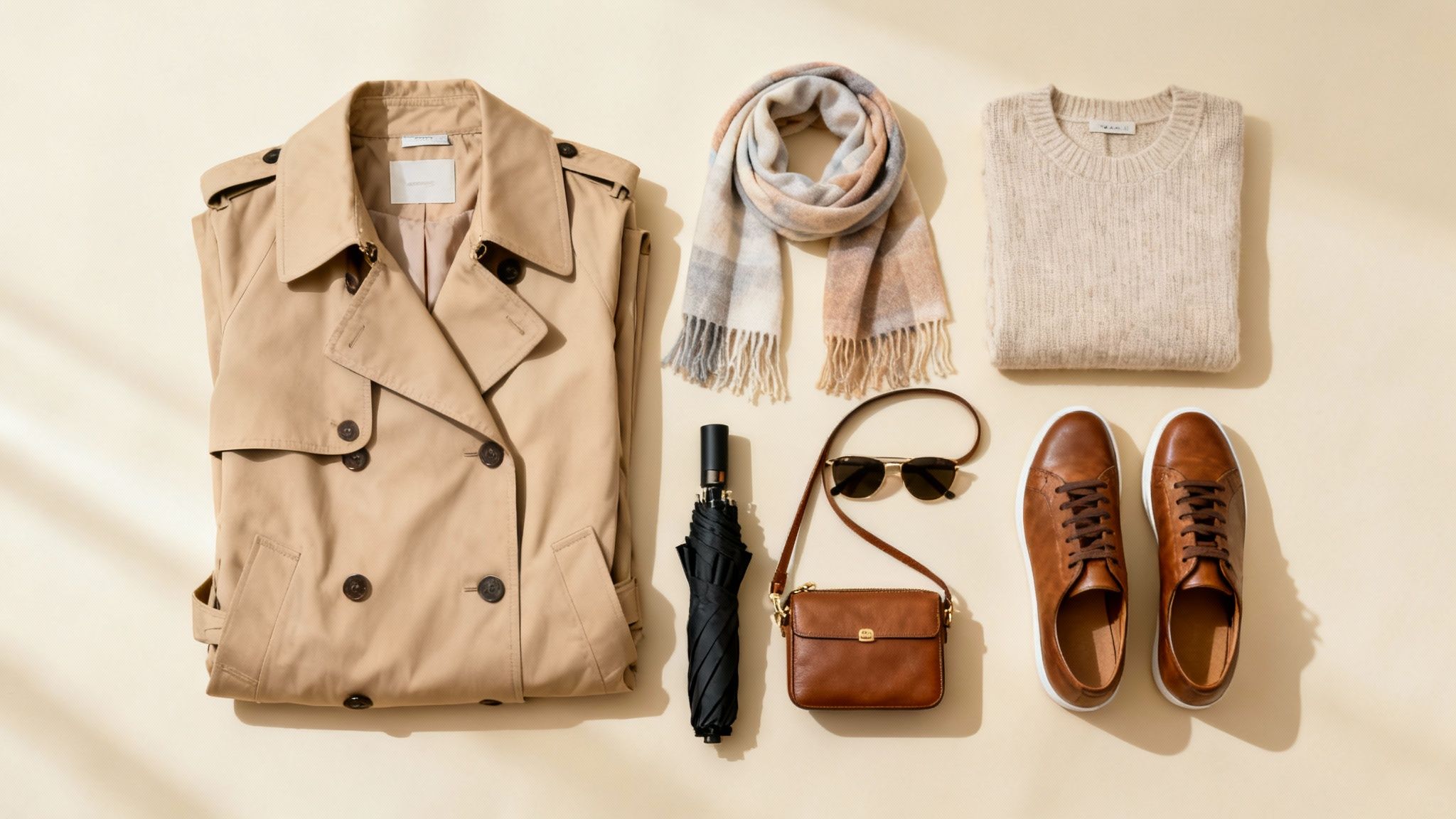 A flat lay of a beige trench coat, plaid scarf, sweater, sneakers, bag, umbrella, and sunglasses.