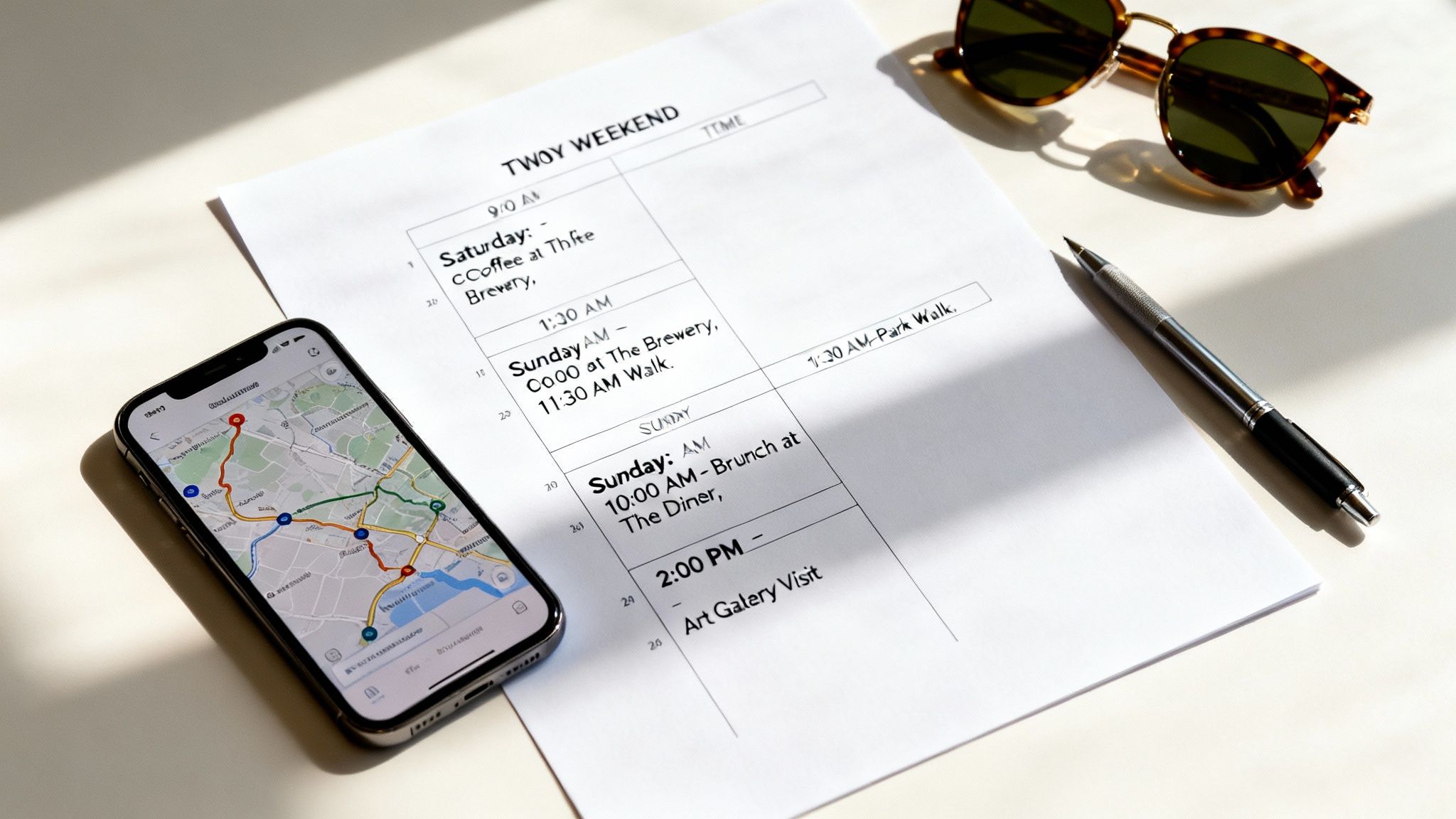 A detailed weekend itinerary on paper, next to a smartphone displaying a map, sunglasses, and a pen.