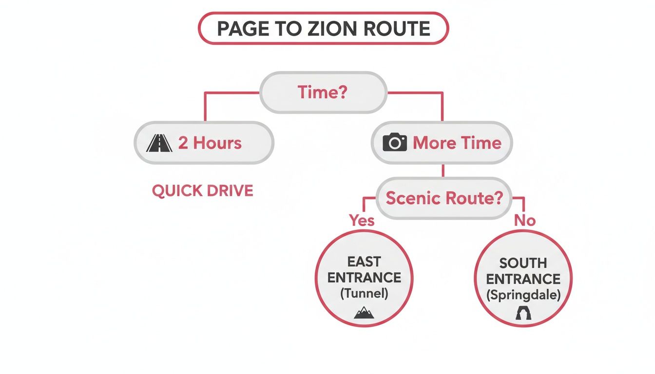 Flowchart illustrating route options from Page to Zion National Park based on time and scenic preference.