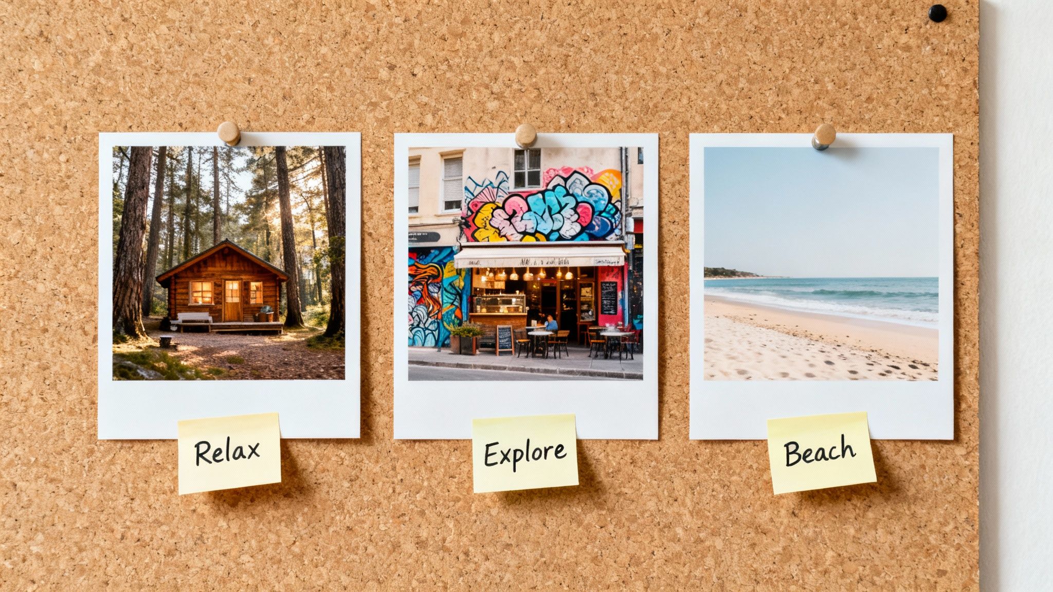 Three instant photos on a cork board, labeled 'Relax', 'Explore', and 'Beach', depict various weekend getaway ideas.