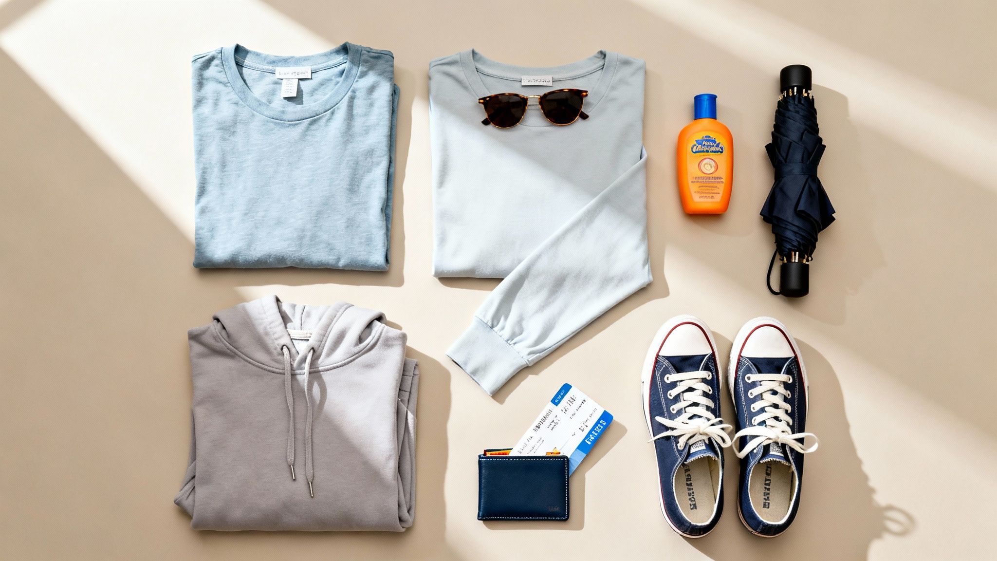 A flat lay of travel essentials including clothes, wallet with tickets, sunscreen, umbrella, and sneakers.