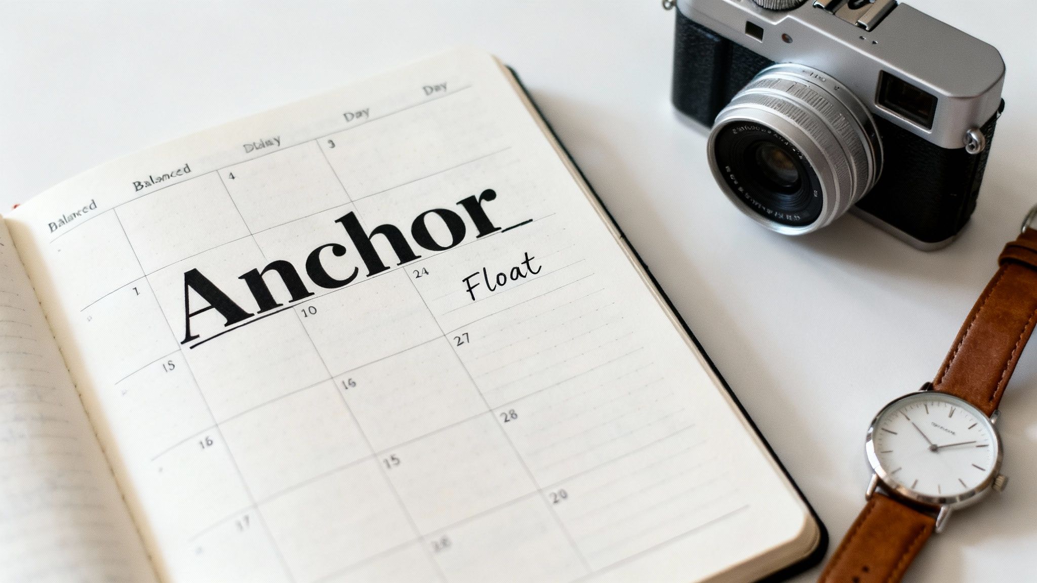 A flat lay shows an open planner with “Anchor” and “Float” written, next to a vintage camera and a watch.