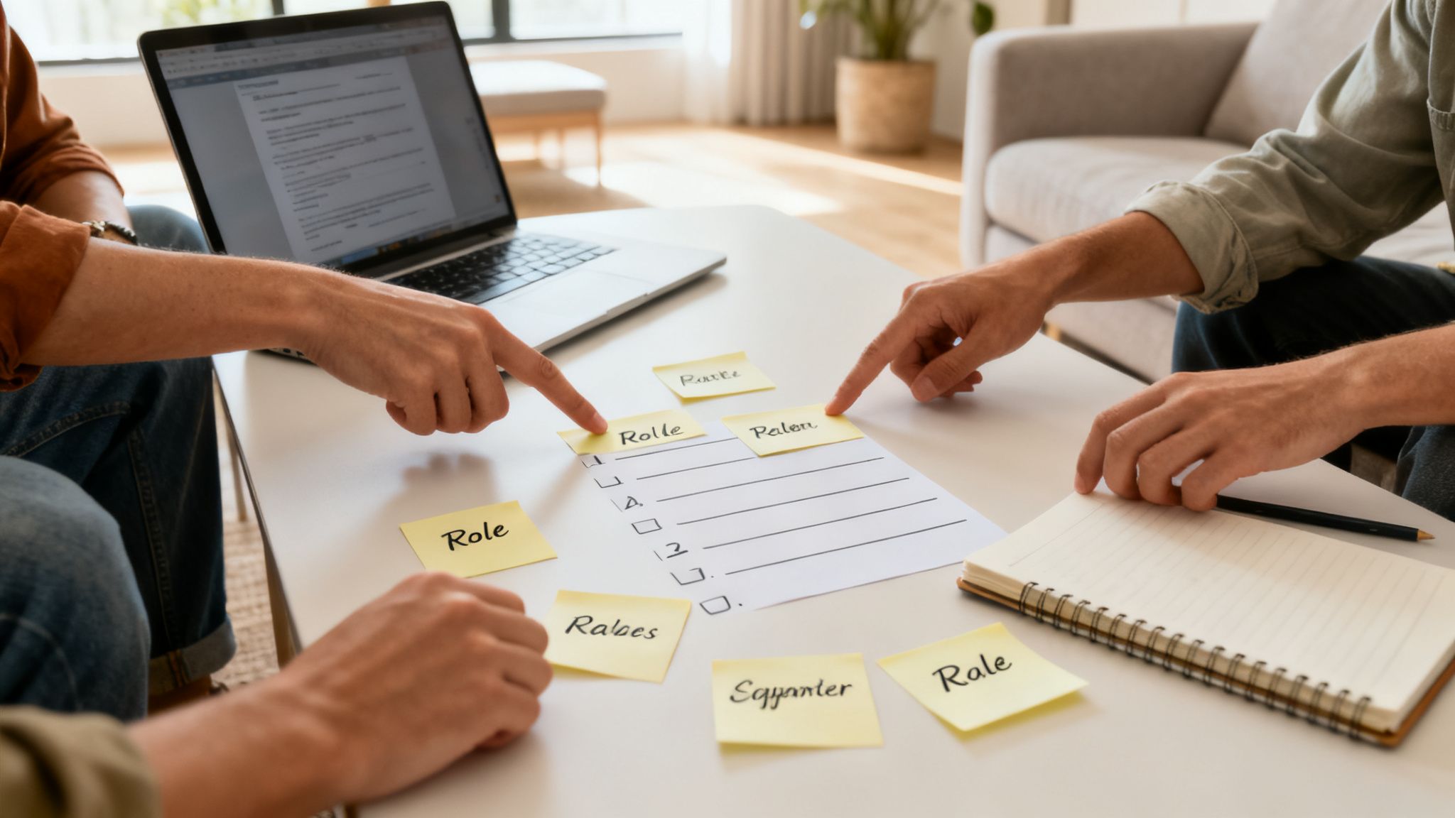 Two people collaboratively planning, pointing at sticky notes and a checklist on a table with a laptop.