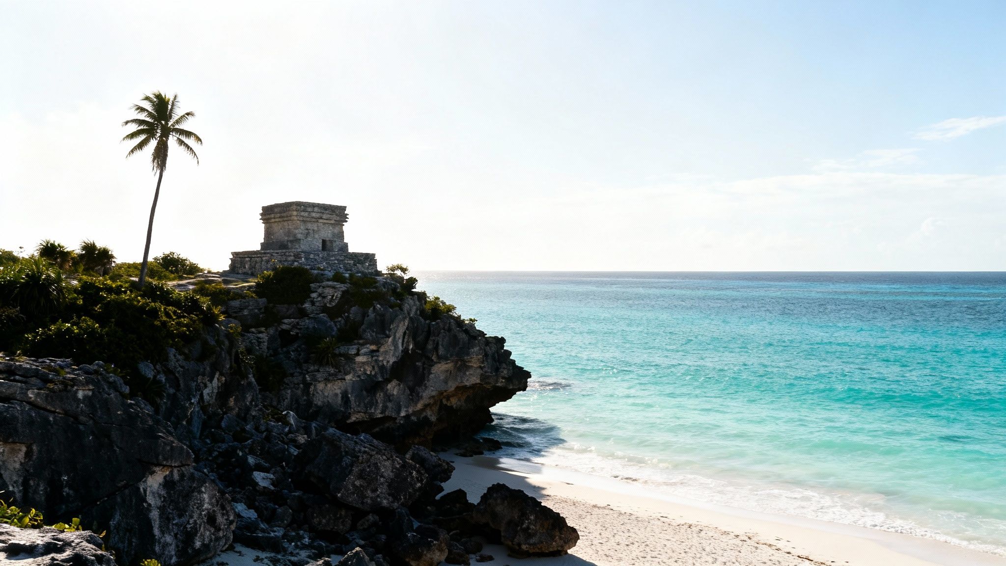 Ancient Mayan ruins and a tall palm tree overlooking a vibrant turquoise ocean and white sand beach.
