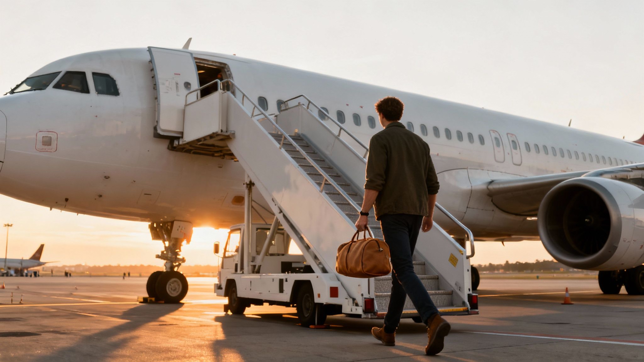 Rear view of a man boarding a large white airplane on the tarmac at sunrise.