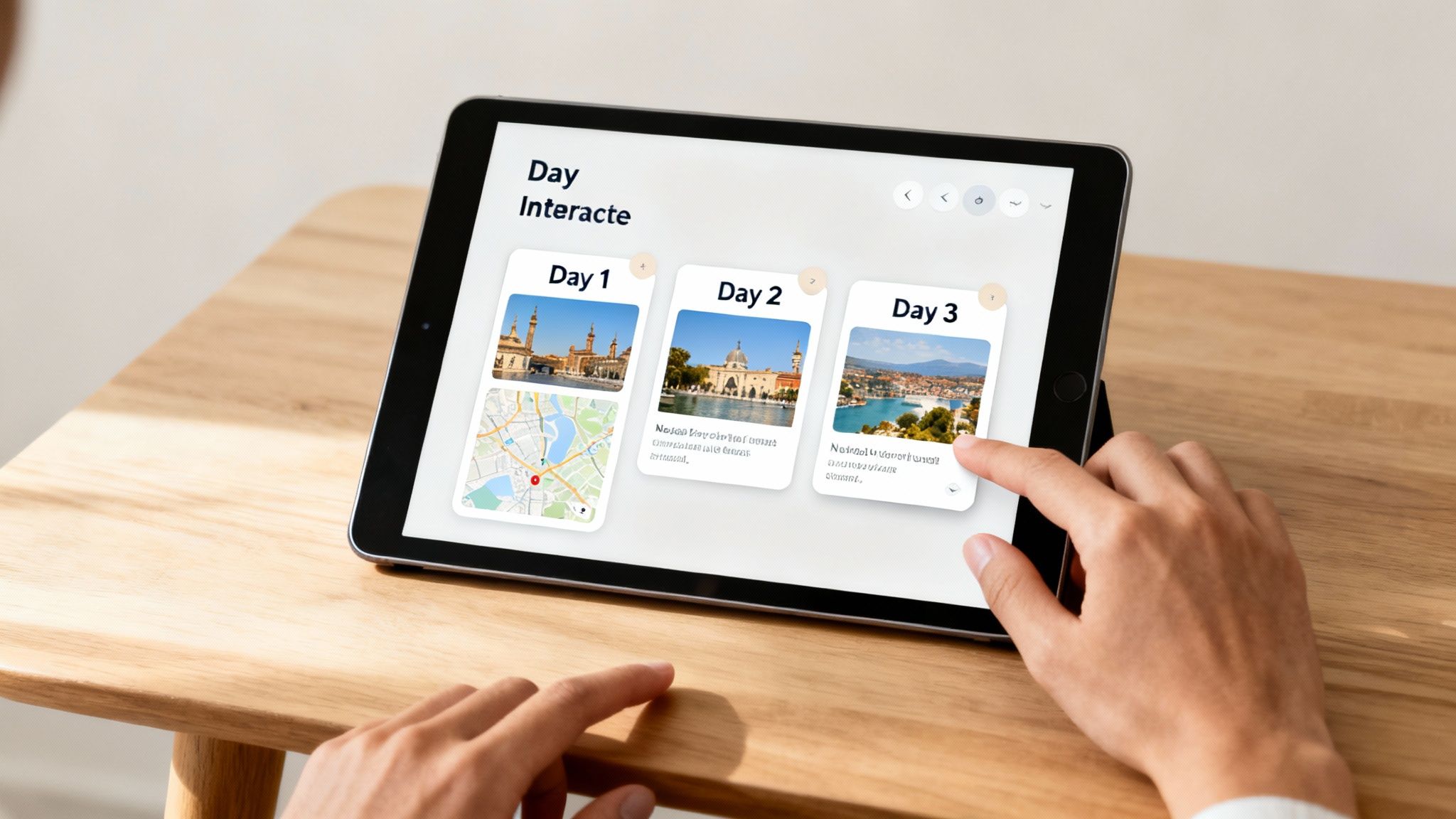 A person's hands interact with a tablet displaying a travel planning app showing itineraries for three days.