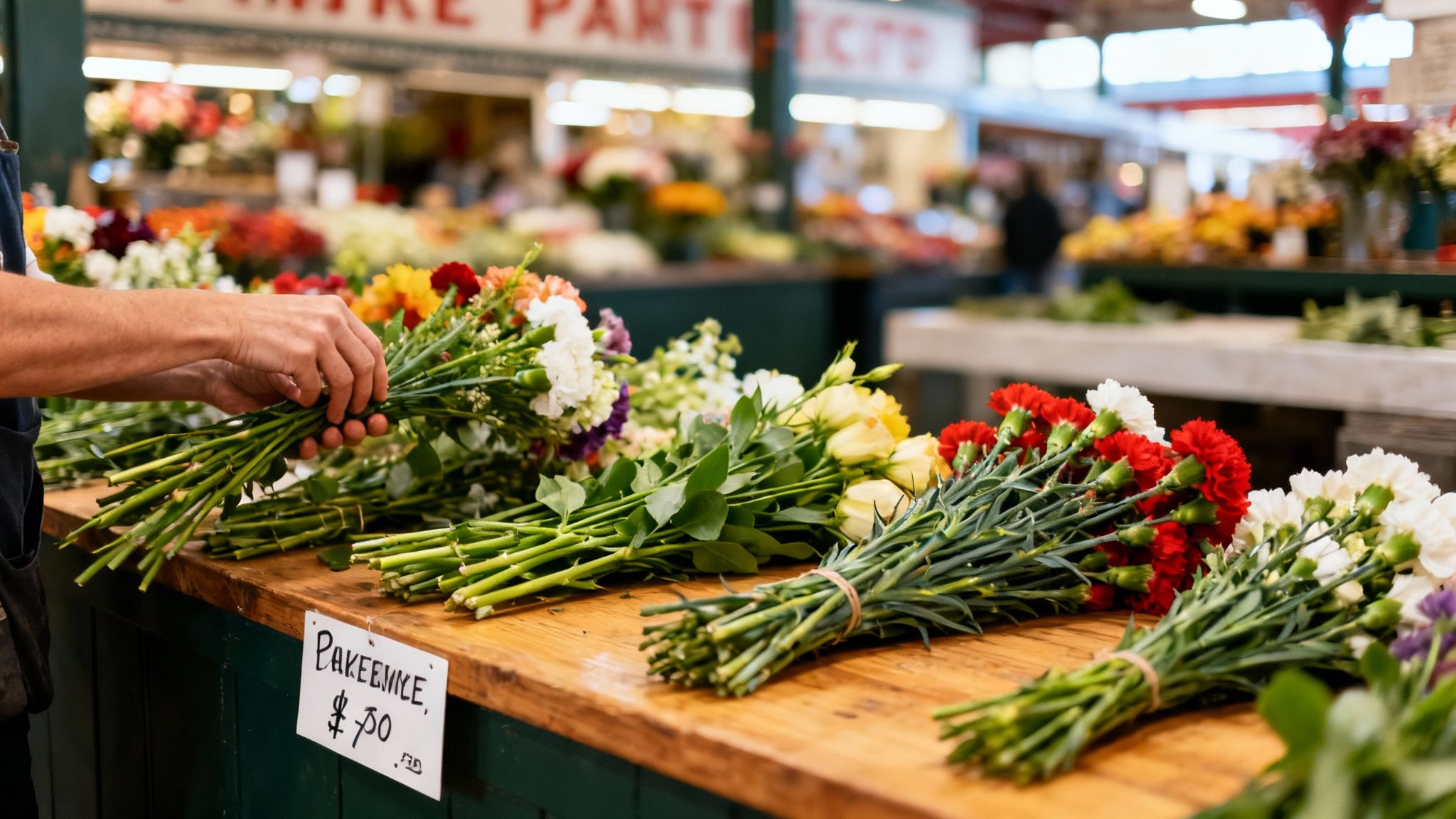A person arranges colorful flower bouquets on a wooden stall at a bustling indoor market.