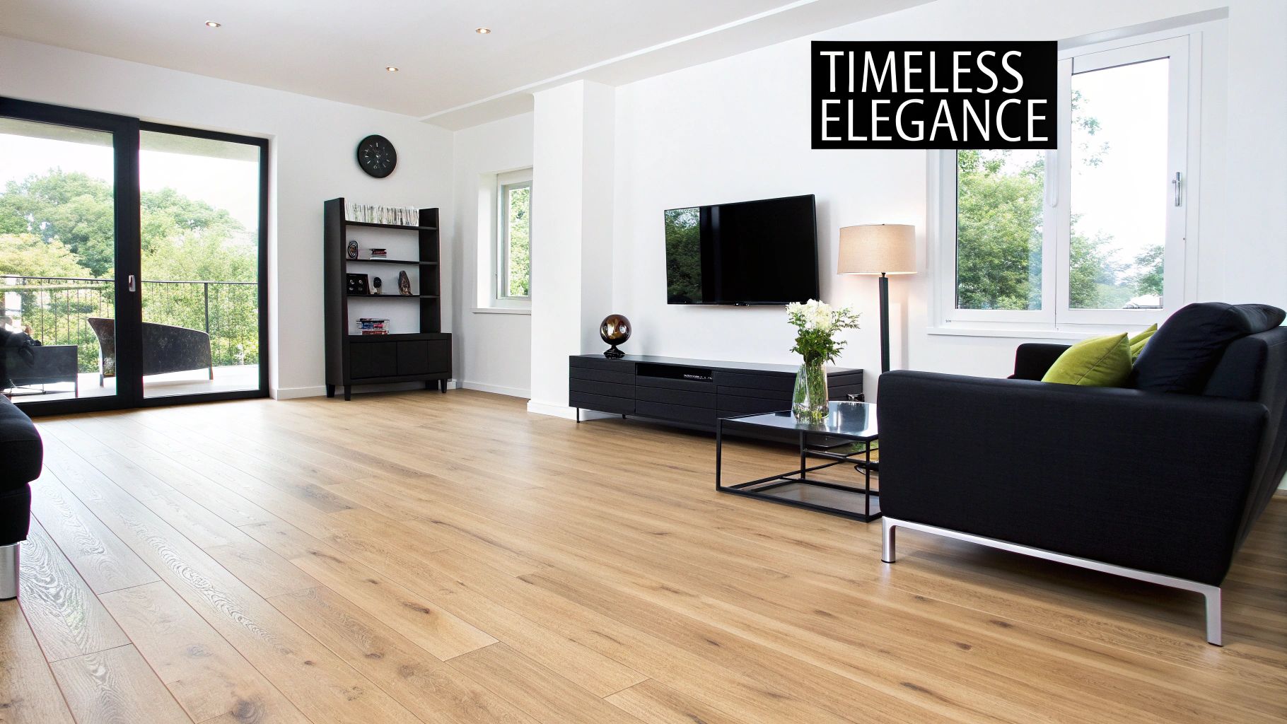 A stylish living room featuring beautiful hardwood floors that complement a modern interior design.