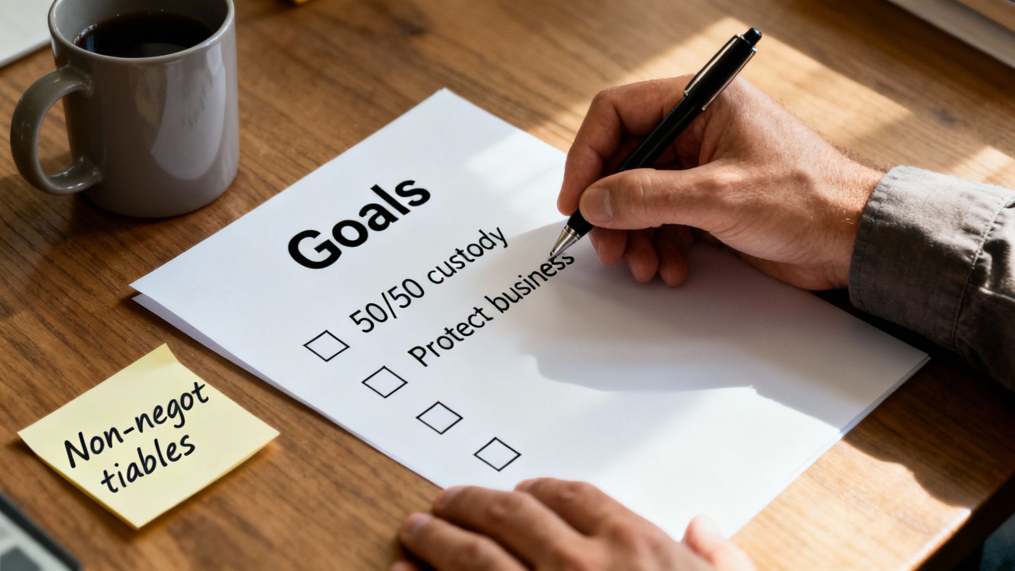 Find an Attorney for Men in Divorce in Arkansas Today 2 Close-up of a person writing on a divorce goals checklist with custody and business protection.