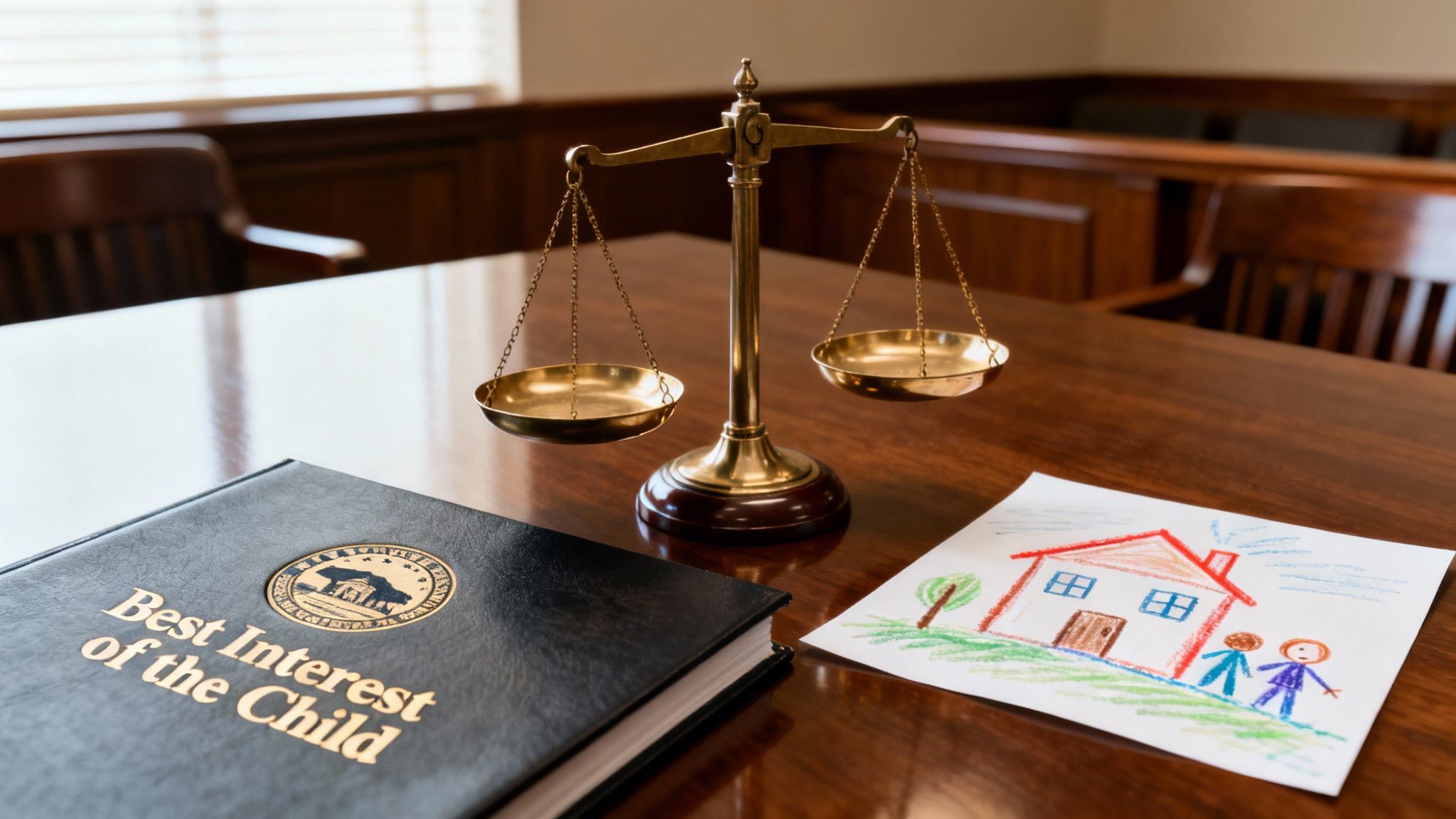 A Parent's Guide to Arkansas Child Visitation Schedules 2 A legal setting with a scale of justice, a 'Best Interest of the Child' book, and a child's drawing.