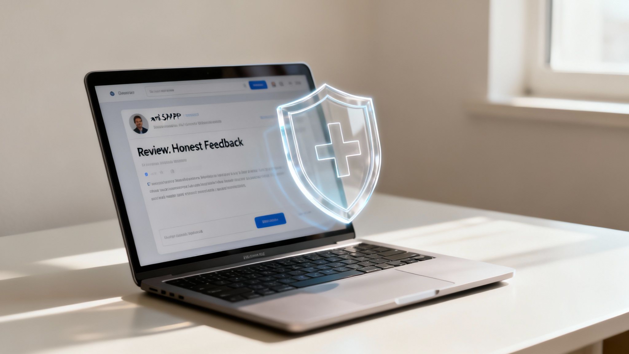 What Is a Motion to Dismiss in Arkansas? A Simple Guide 2 A laptop displaying a review page, with a glowing medical shield icon floating above it.