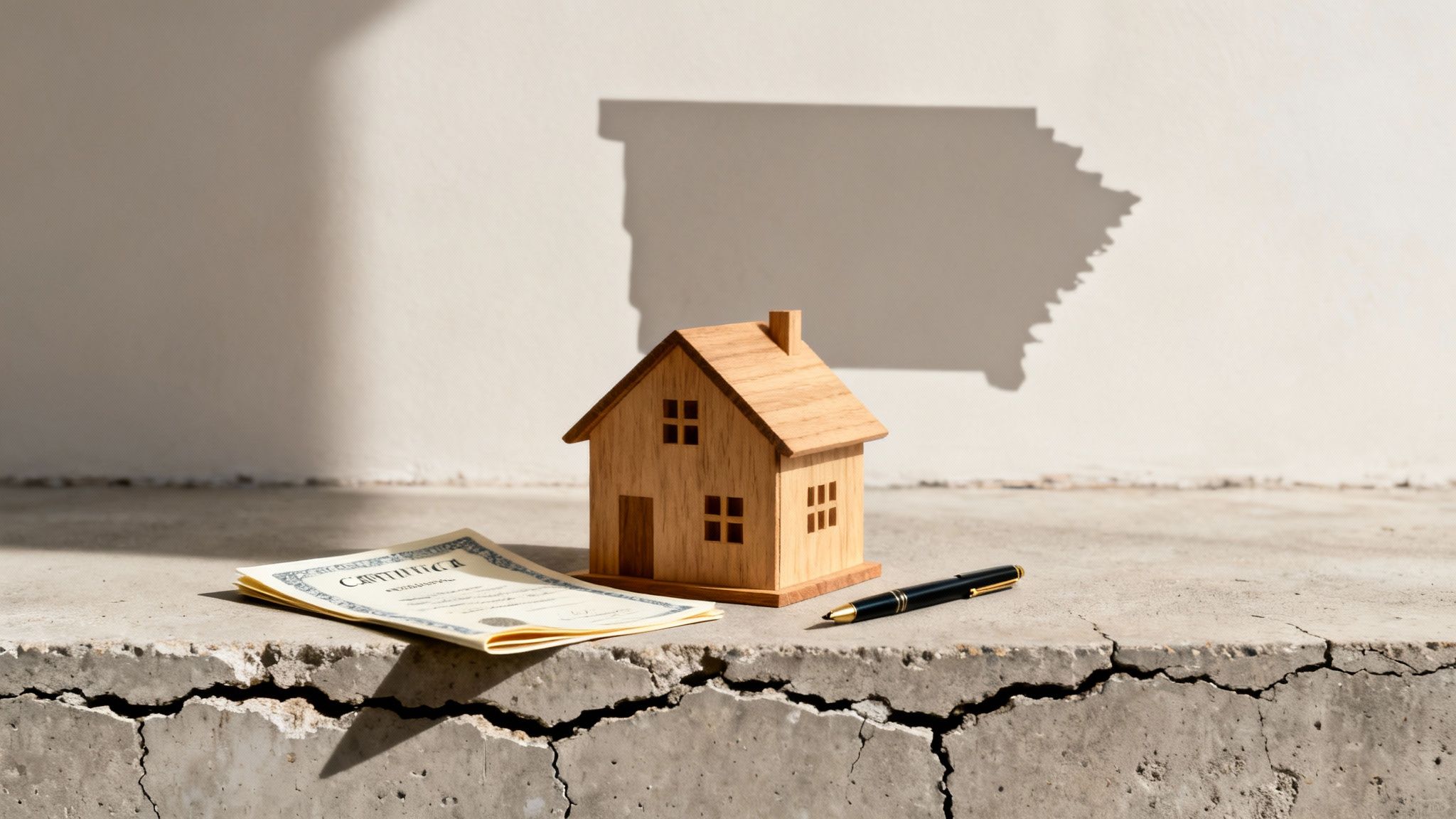 Annulments in Arkansas: A Simple Guide to a Complex Topic 1 A wooden house model, legal certificate, and pen on a cracked concrete surface with an Arkansas shadow.