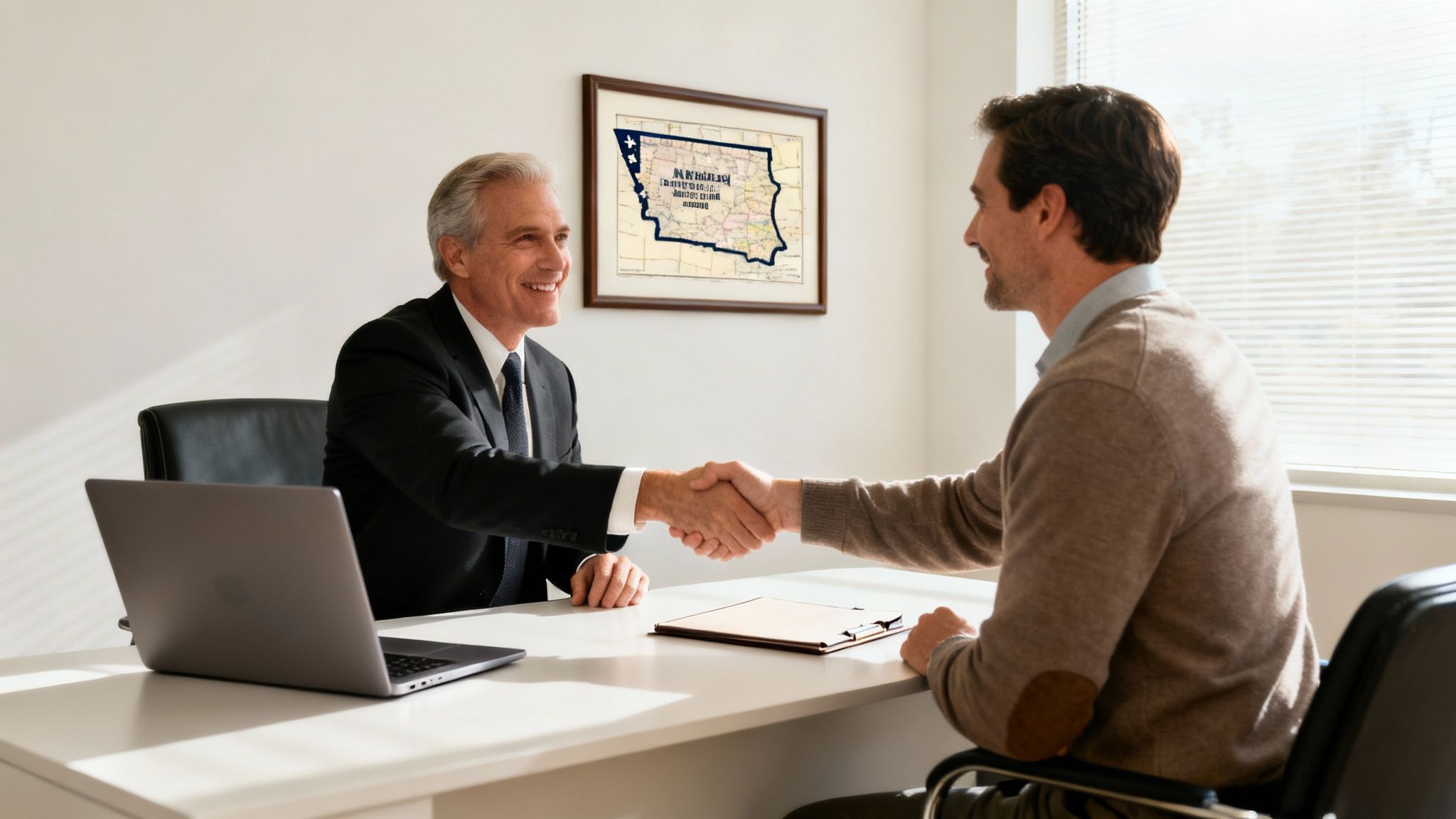 Find a Collaborative Divorce Attorney Near Me for a Peaceful, Private Process 3 Two smiling men, one in a suit, shaking hands across a desk in an office.