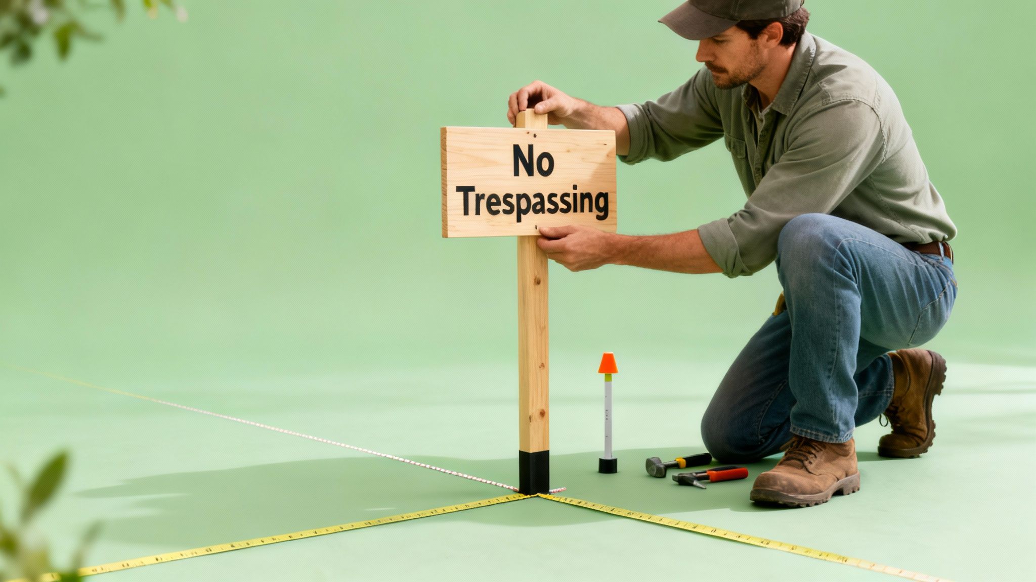 Adverse Possession in Arkansas: A Simple Guide 3 A man installs a wooden "No Trespassing" sign, kneeling beside tools and a tape measure.