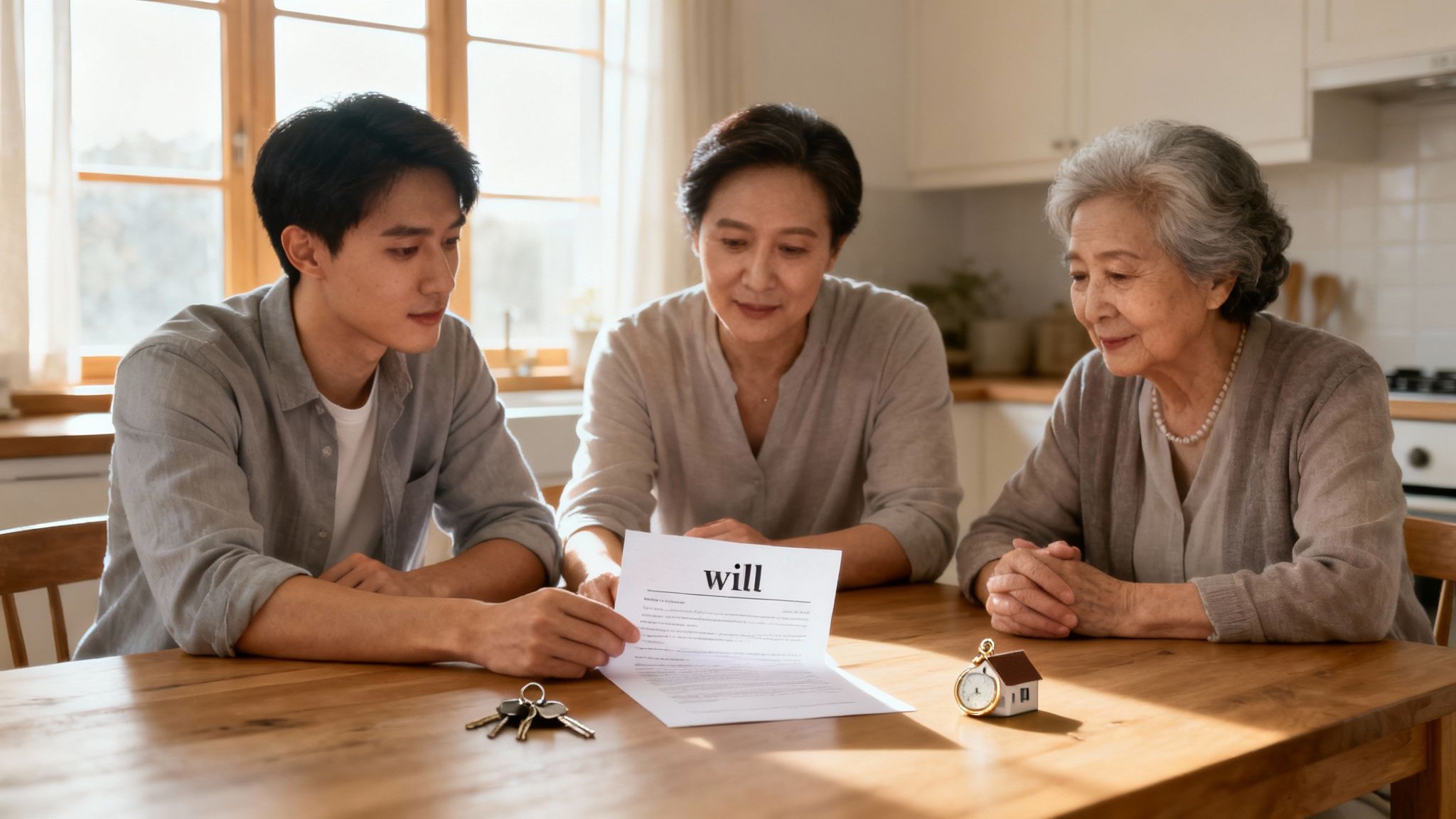How to Write a Will in Arkansas: A Simple Guide 1 Three generations of an Asian family review a will document with keys and a house model.