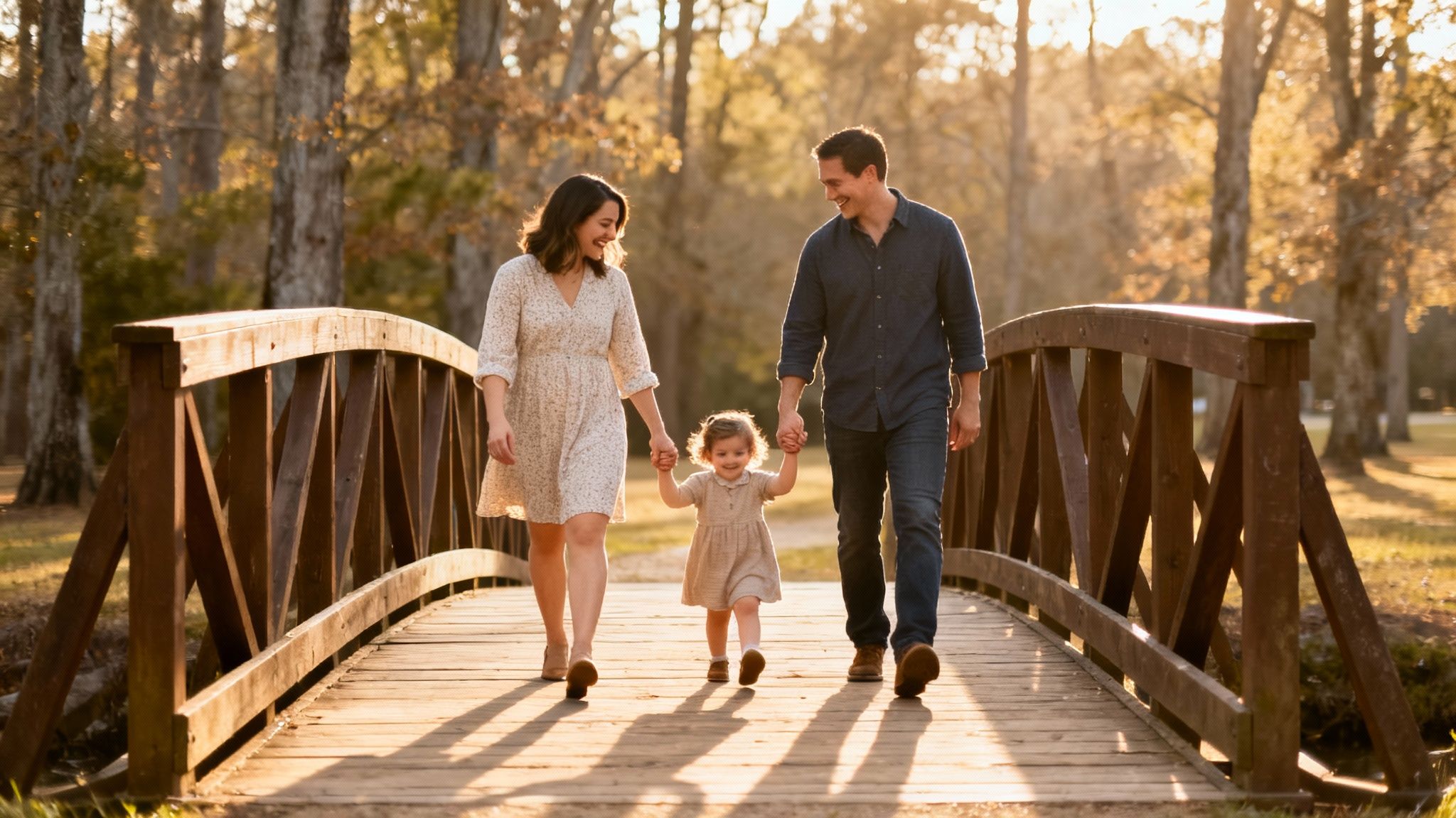 Find a Collaborative Divorce Attorney Near Me for a Peaceful, Private Process 2 A family of three, holding hands, walks happily on a bridge at golden hour.