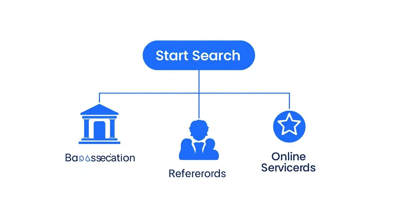 How to Find the Best DWI Lawyer Near Me: A Step-by-Step Guide 2 DWI lawyer search flowchart showing three pathways: bar association, referrals, and online services