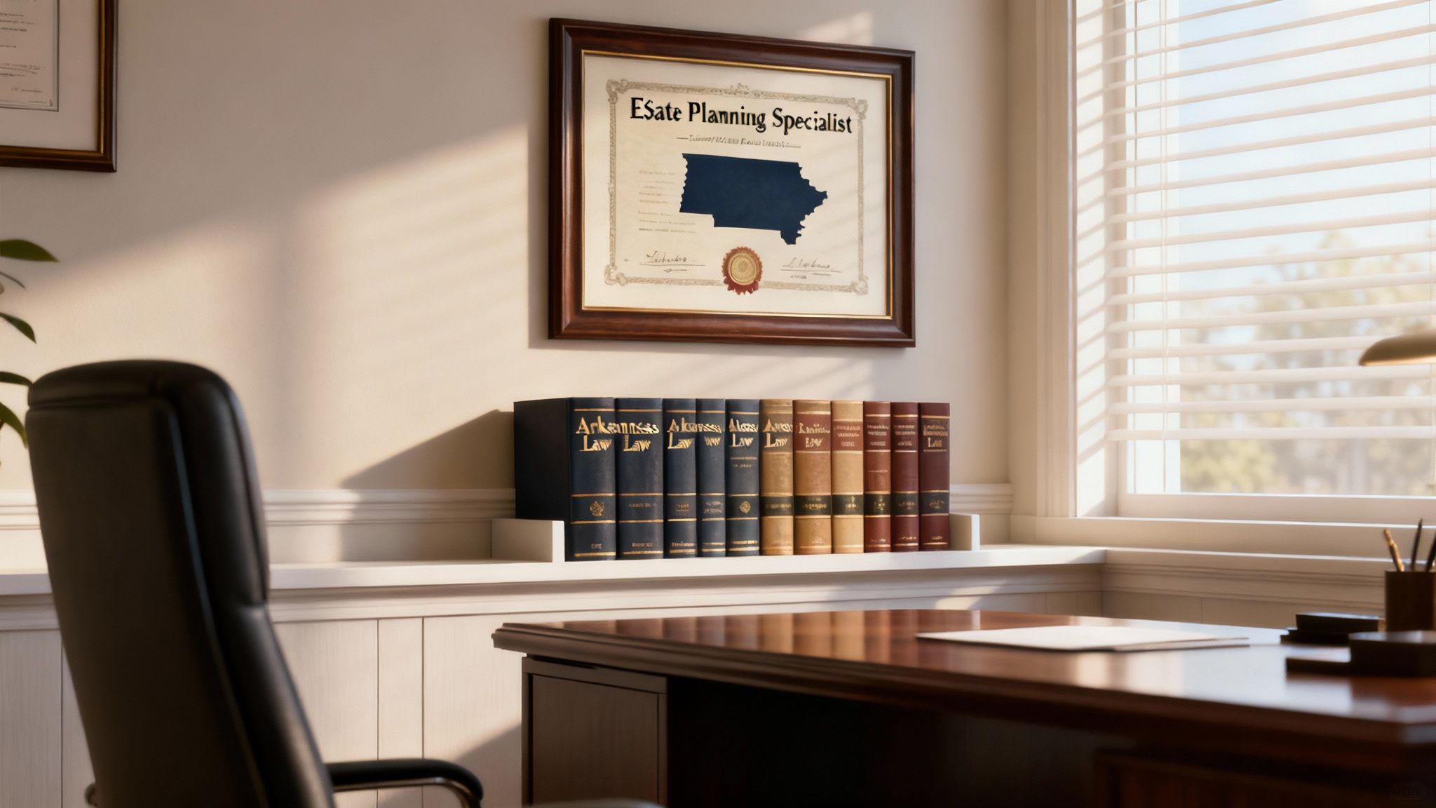 How to Choose an Estate Planning Attorney in Arkansas | A Simple Guide 2 An attorney's desk with legal books, a gavel, and framed diplomas in the background.