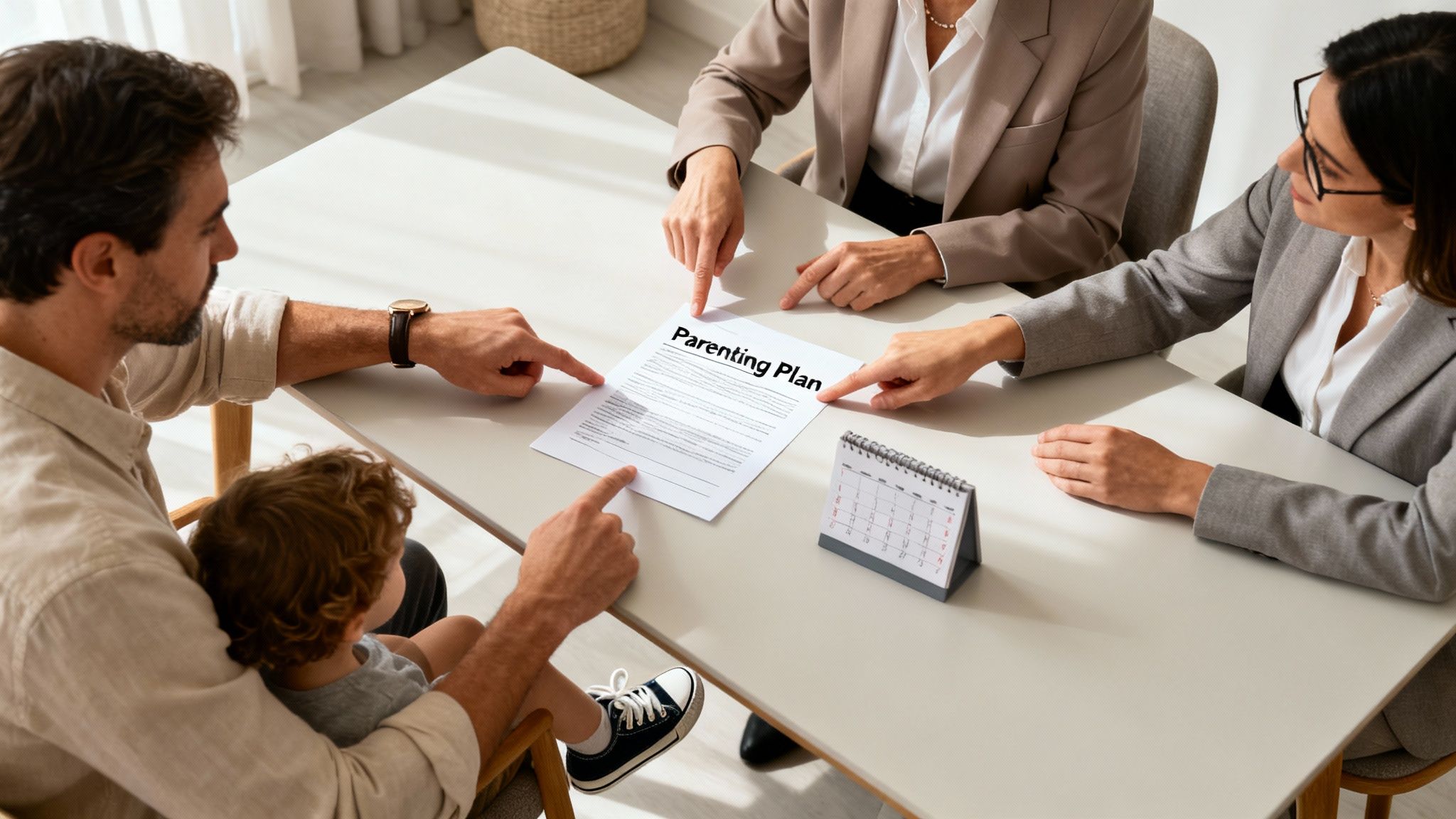 A Parent's Guide to Arkansas Child Visitation Schedules 3 A father, his young child, and two women in business attire reviewing a 'Parenting Plan' document on a table.