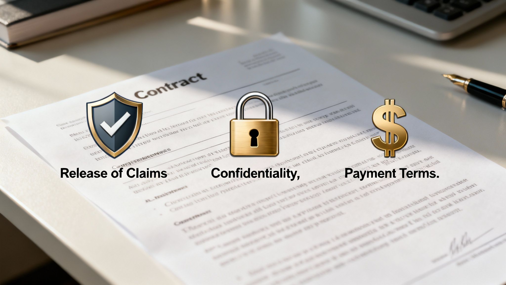 What Is a Settlement Agreement? 2 A magnifying glass hovering over a legal document, highlighting key sections.