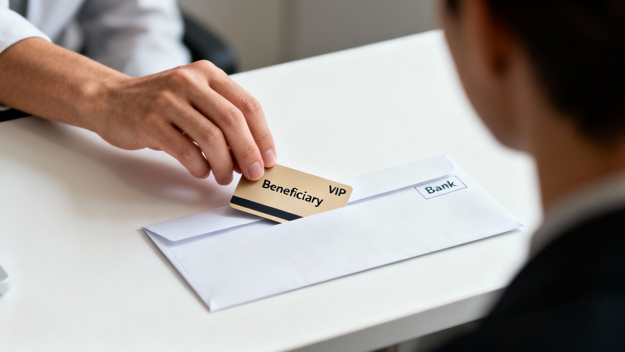 What Is Beneficiary Designation in Arkansas? 1 Close-up of a hand sliding a gold 'Beneficiary VIP' card into a bank envelope on a white desk.