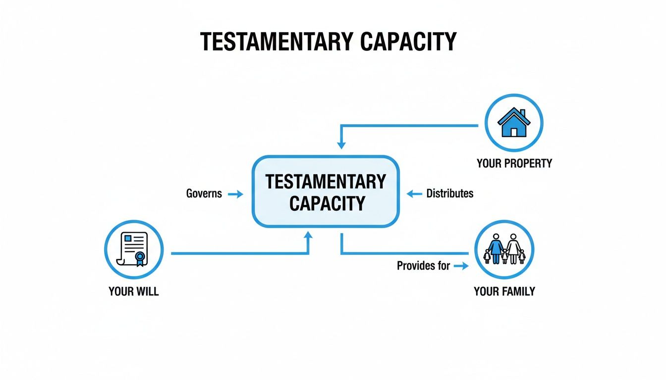 What Is Testamentary Capacity? A Simple Arkansas Guide 1 Flowchart illustrating testamentary capacity, showing how it governs a will, distributes property, and provides for family.