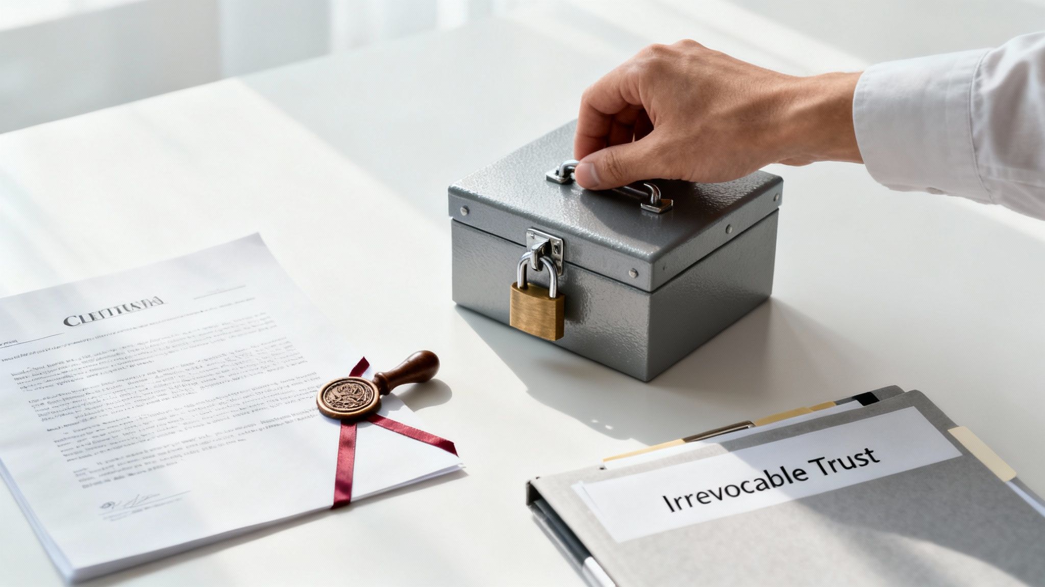 Revocable Trust vs. Irrevocable Trust in Arkansas: A Simple Guide 3 A sturdy, locked antique chest, symbolizing the permanence and protection of an irrevocable trust.