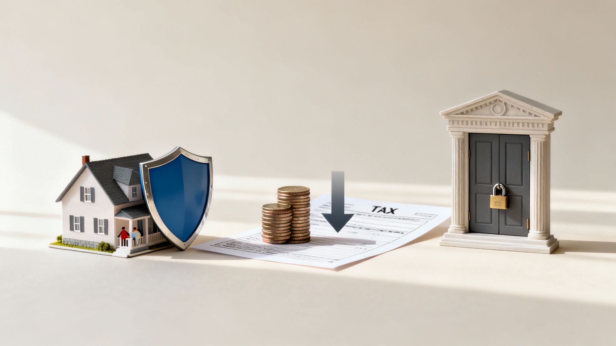 What Is an Irrevocable Living Trust in Arkansas? 1 A miniature house with a shield, stacks of coins, a tax form with a down arrow, and a locked building, representing trust benefits.