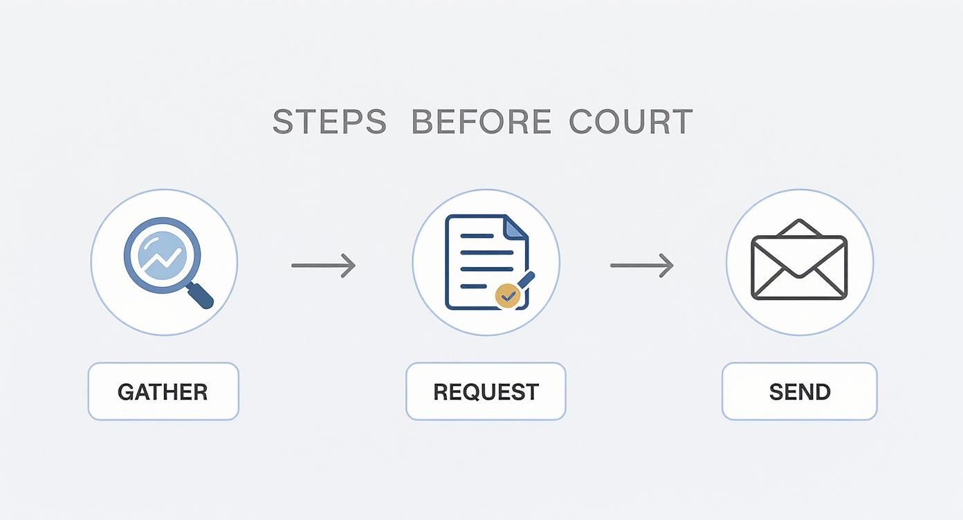 How to Remove an Executor from an Estate in Arkansas: A Simple Guide 2 An infographic showing the pre-court process: Gather evidence, Request an accounting, and Send a formal letter.