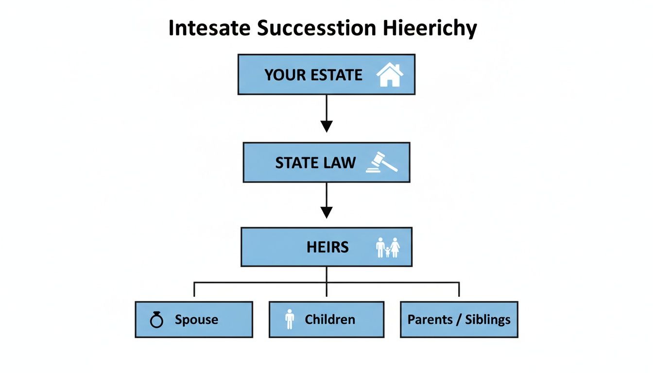 What Is Intestate Succession in Arkansas and How It Works 1 Diagram showing intestate succession hierarchy: estate to state law, then heirs (spouse, children, parents/siblings).