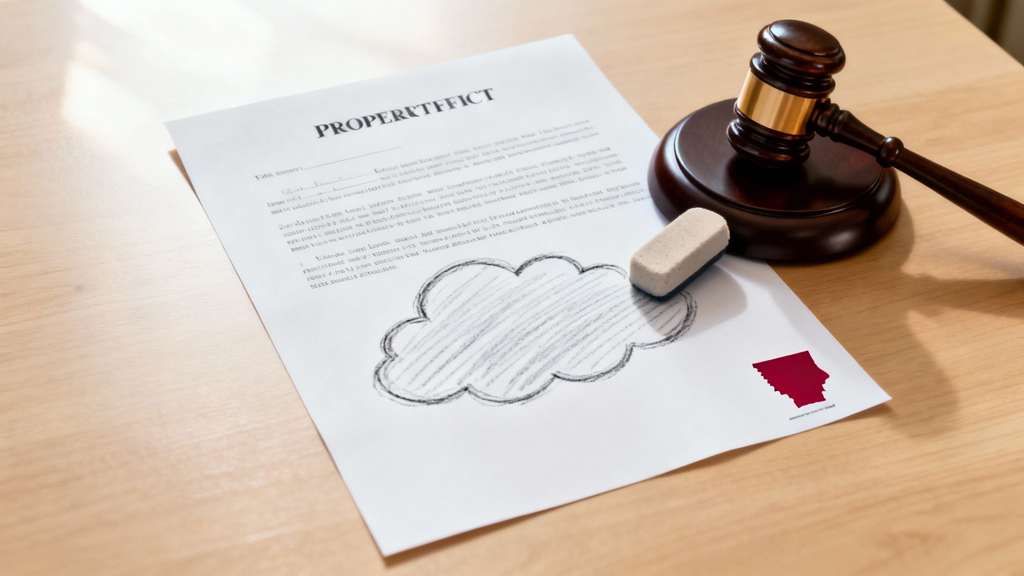 Quiet Title Arkansas: A Simple Guide to Protecting Your Land 1 A document titled "PROPERTIFFECT" with a gavel, eraser, and a red Arkansas state outline, signifying legal property matters.
