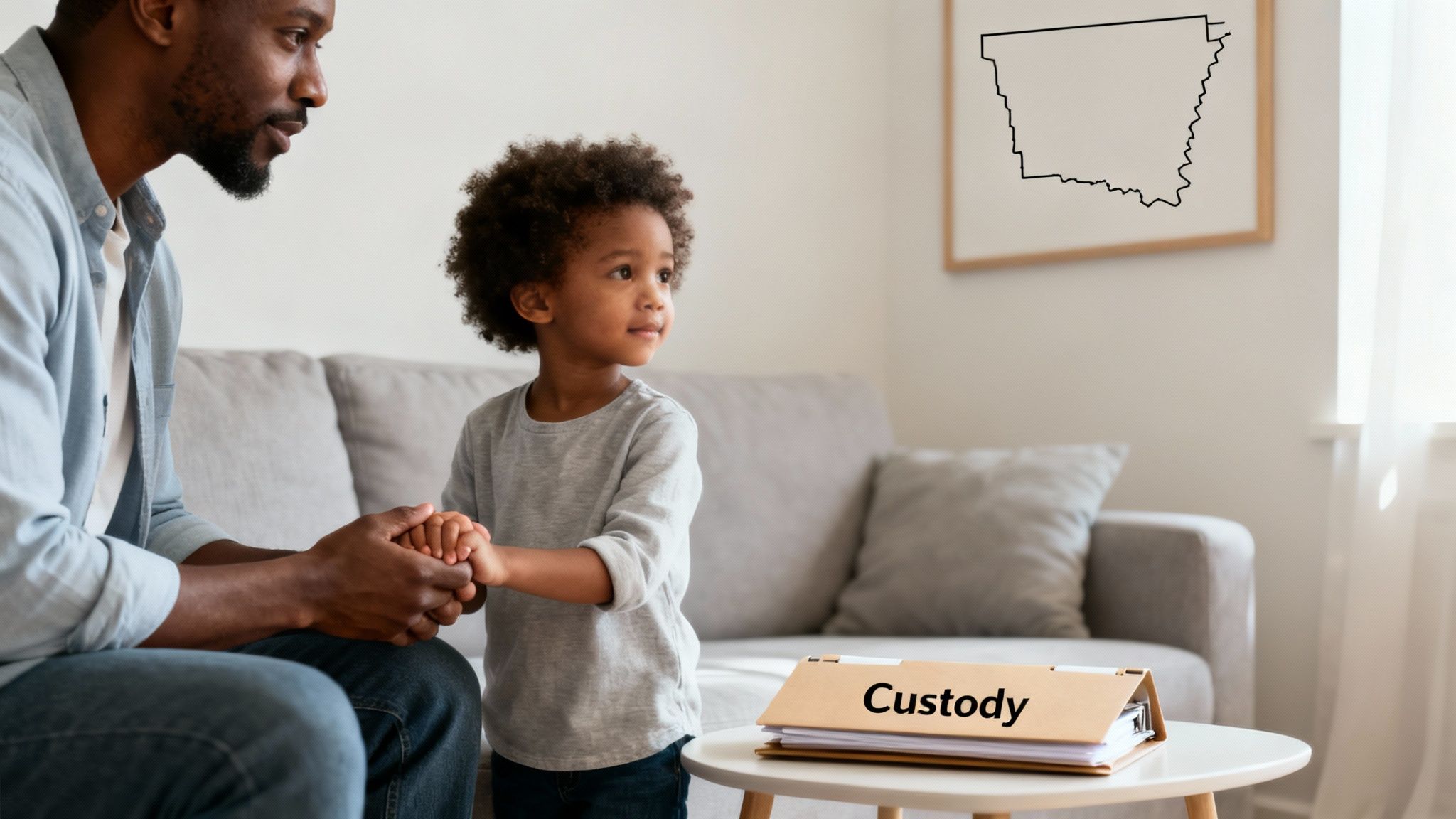 How to get full custody: A Guide for Arkansas Parents 1 An African American father and his child hold hands, with a 'Custody' folder and an Arkansas map.