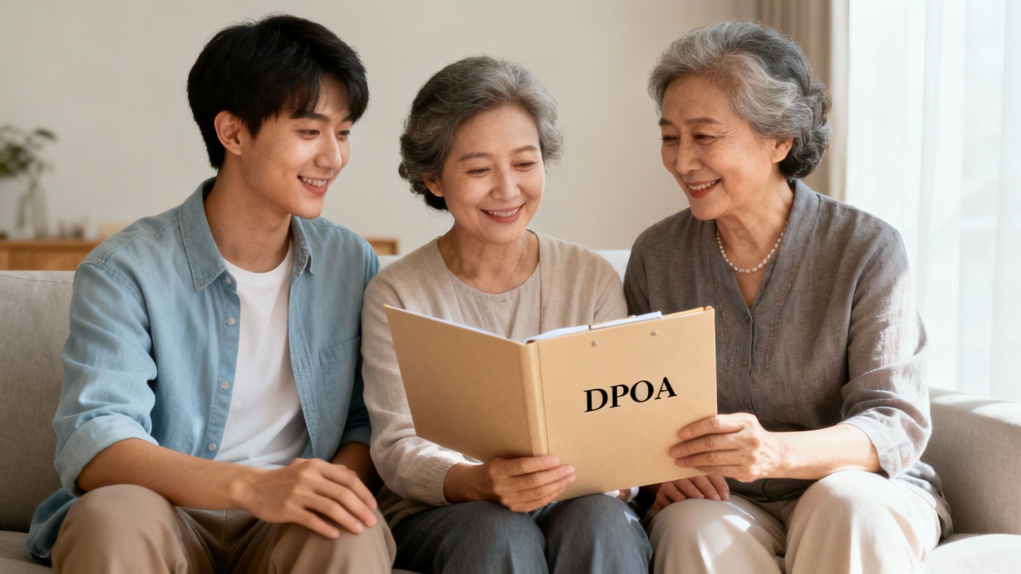 What Is Durable Power of Attorney? An Arkansas Guide 3 Happy Asian family reviewing DPOA documents together, discussing important legal plans at home.