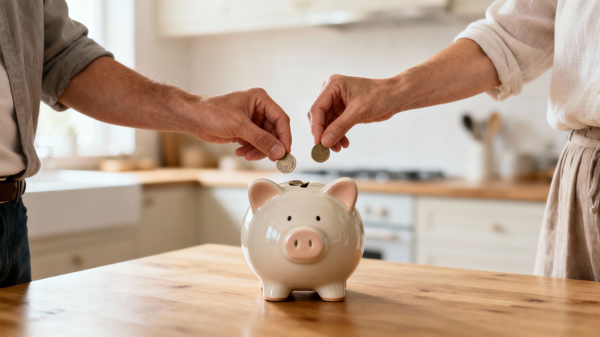 What Is Community Property in Arkansas? A Simple Guide 1 Two people putting coins into a ceramic piggy bank on a wooden kitchen table.