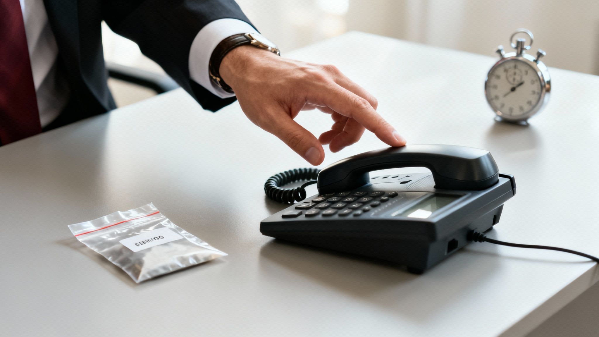 Finding a Fayetteville Criminal Defense Attorney for Your Case 3 A person in a suit reaches for a landline phone, next to a bag of powder and a stopwatch.