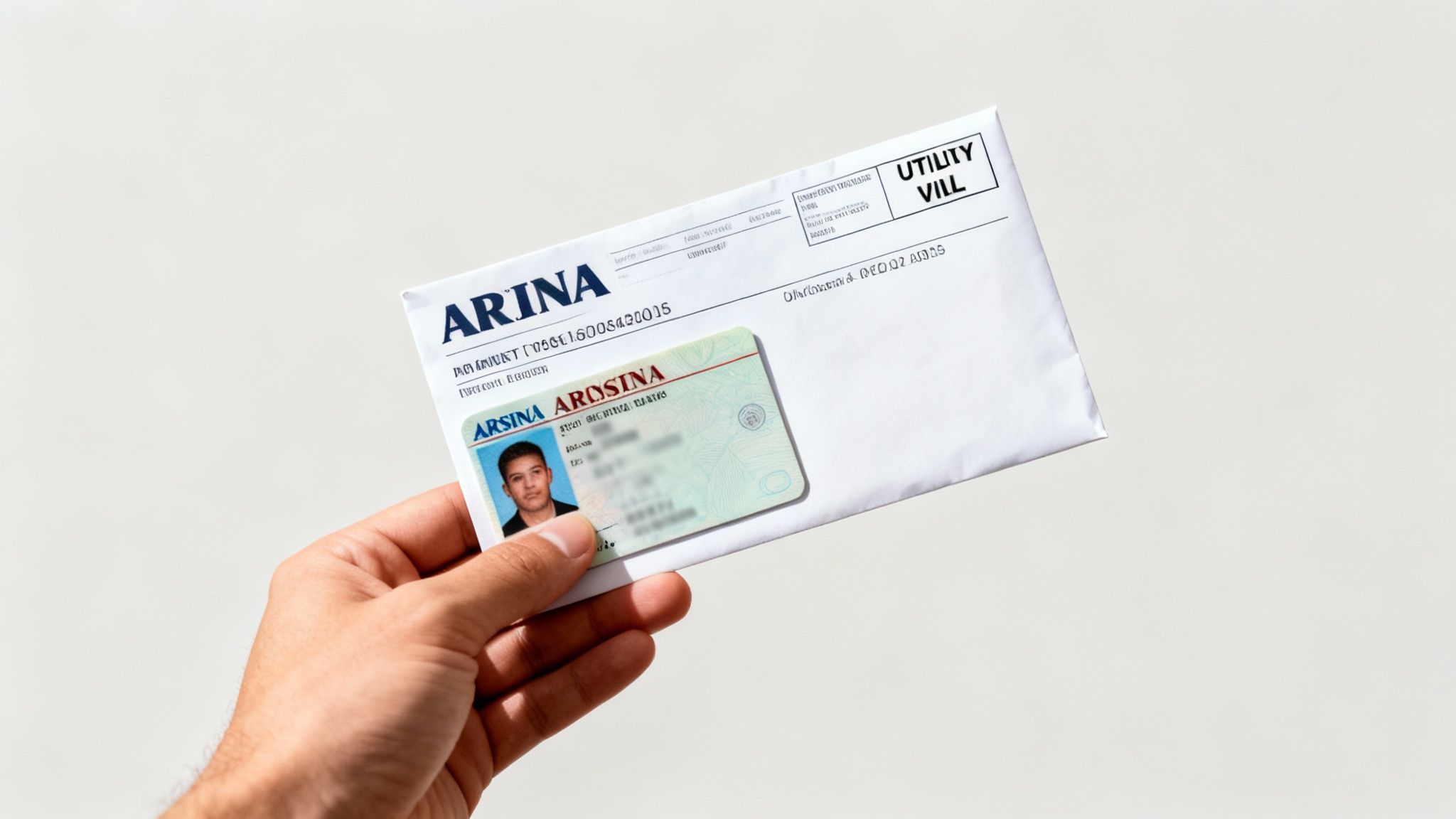 How to File for Legal Separation in Arkansas A Clear Guide 2 A hand holds a utility bill envelope with "ARINA" and an ID card with a man's photo.