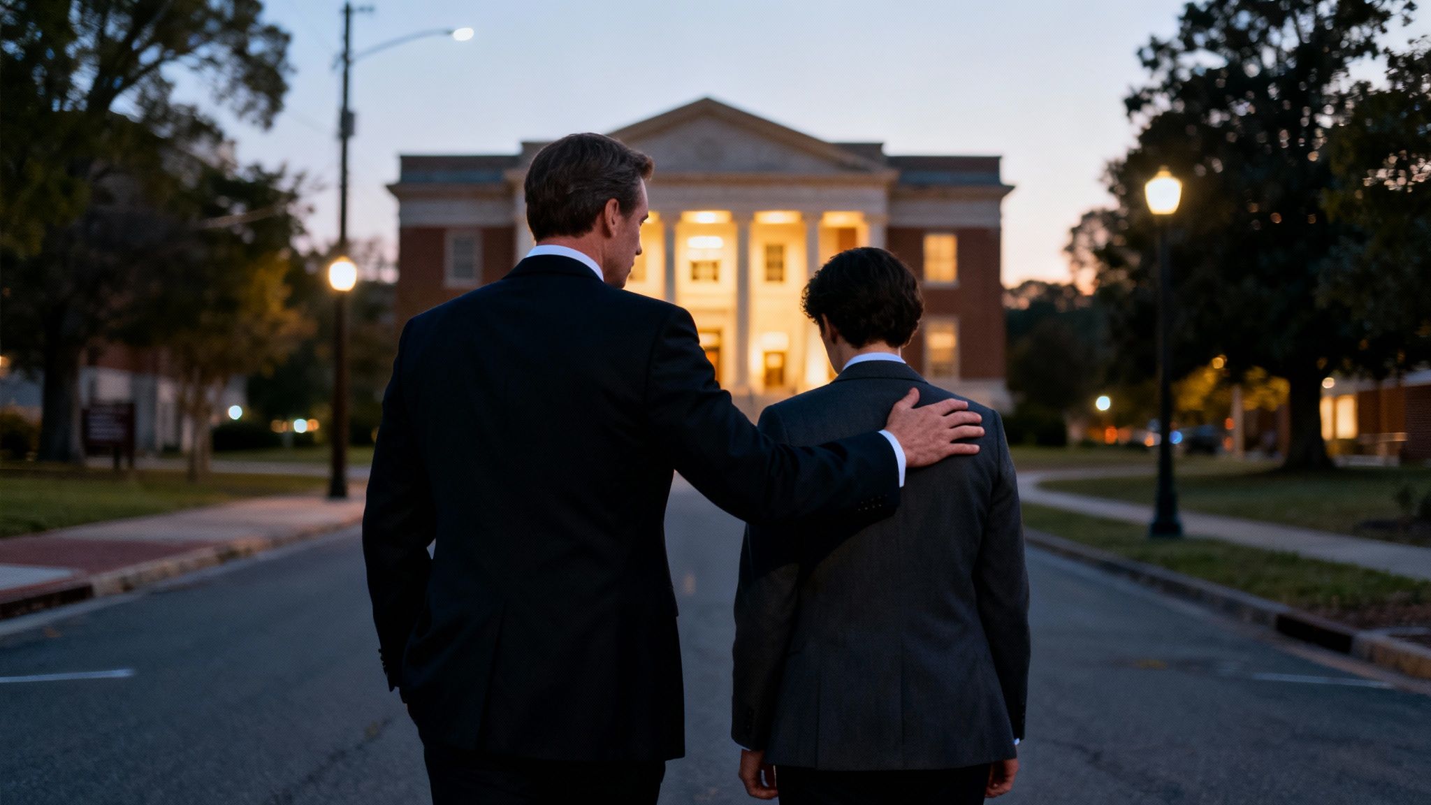 Finding a Fayetteville Criminal Defense Attorney for Your Case 1 Man in a suit comforts another man, walking towards a courthouse building at sunset.