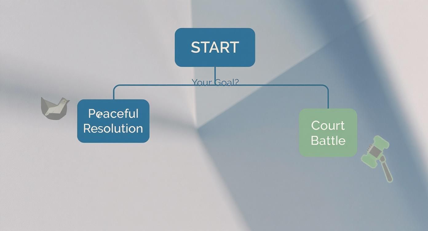 Finding the Best Divorce Attorney Near Me 3 A flowchart showing a choice between peaceful resolution with a dove or a court battle with a gavel.