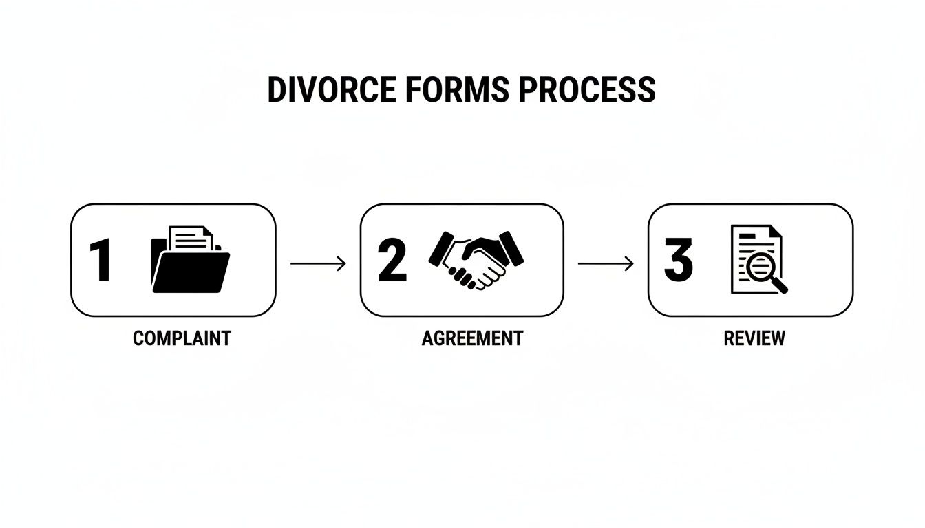 A Simple Guide to Uncontested Divorce Papers in Arkansas 2 A flowchart illustrating the three-step divorce forms process: complaint, agreement, and review.