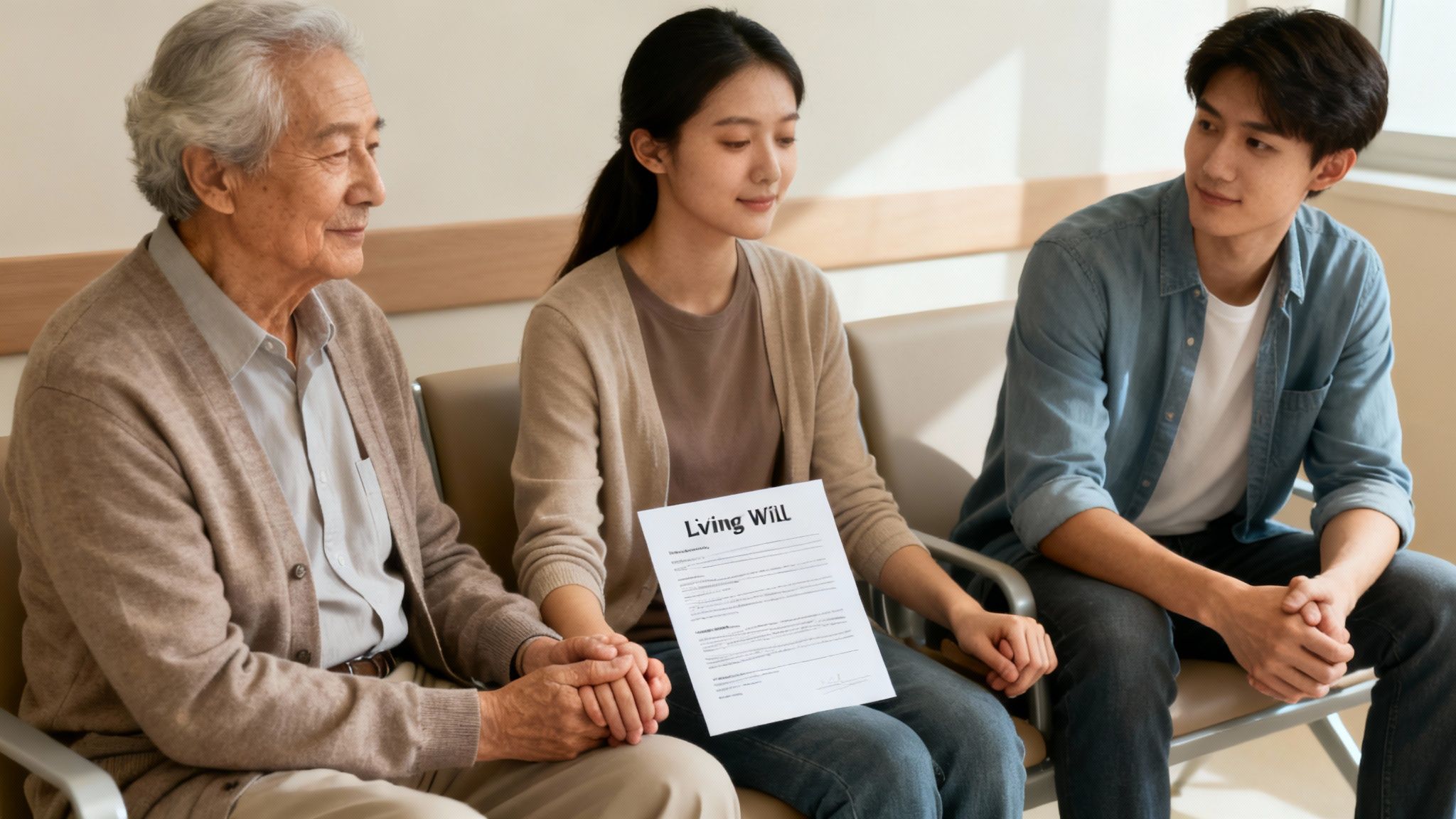 What Is a Living Will? A Guide to Your Medical Wishes in Arkansas 2 Three people, an elderly man, a woman, and a young man, discussing a living will document.