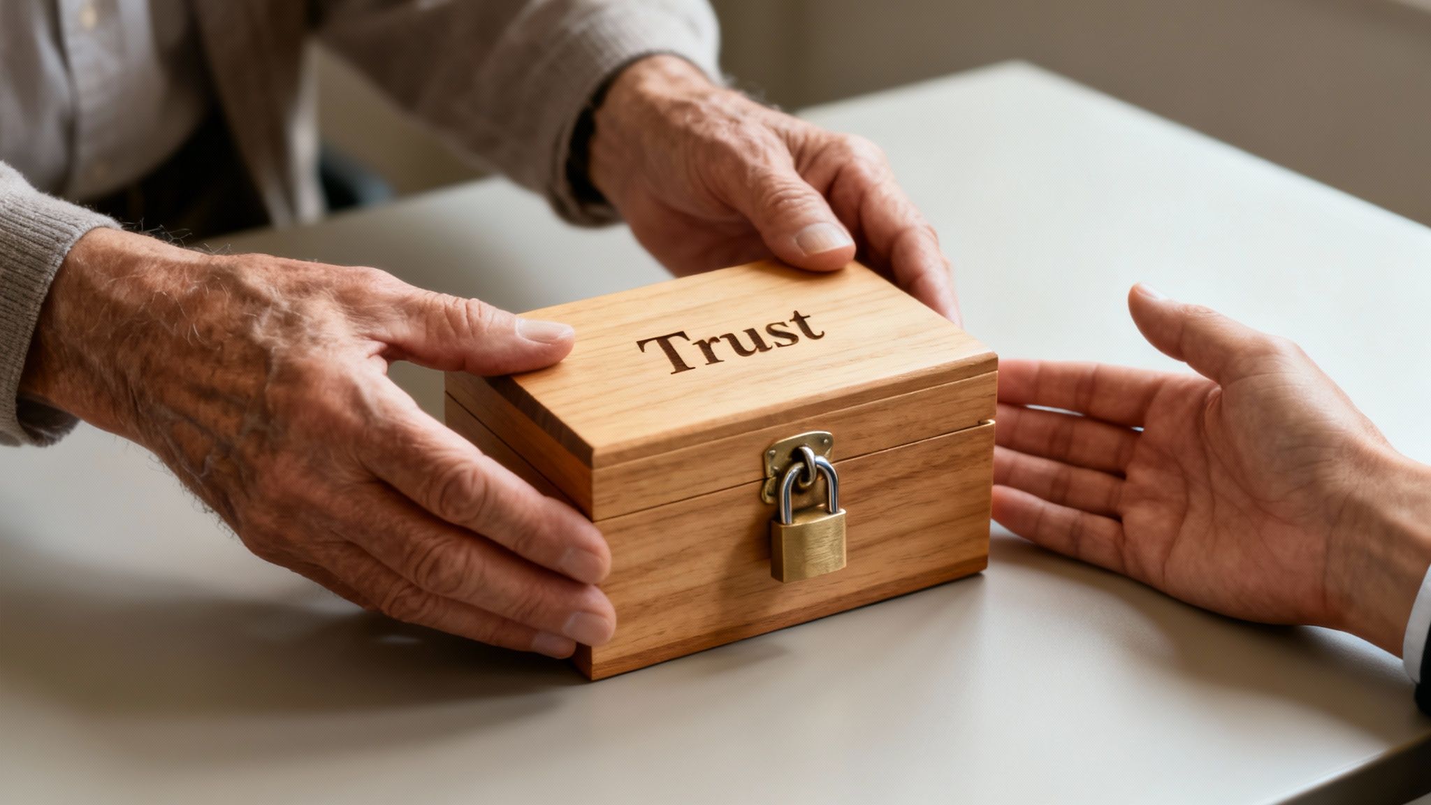 How to Protect Inheritance from Divorce: Essential Tips & Safeguards 2 An older person's hands give a wooden box labeled 'Trust' to another person.