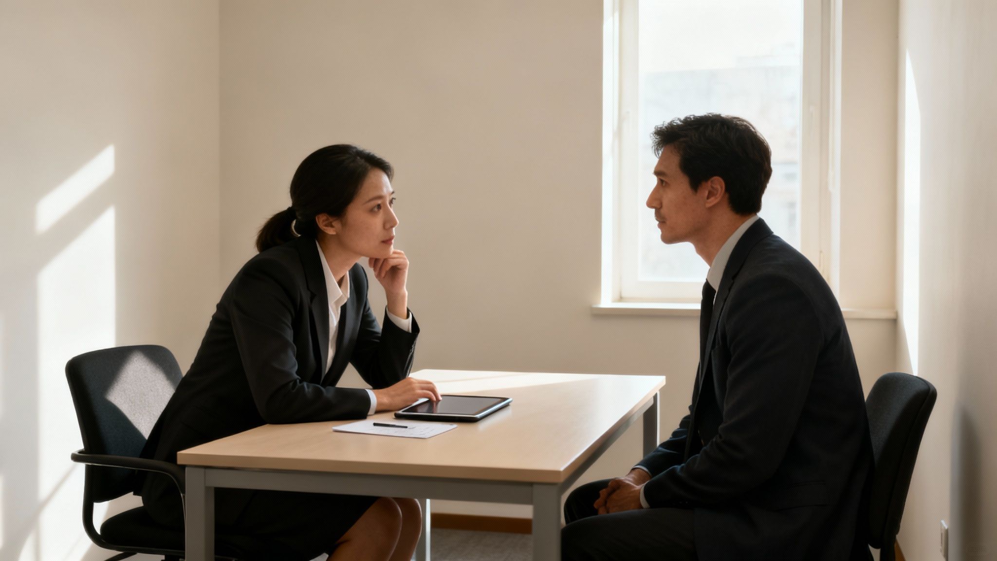 Find an Attorney for Men in Divorce in Arkansas Today 3 Two professionals, a woman and a man, sit at a table during a serious discussion in an office.