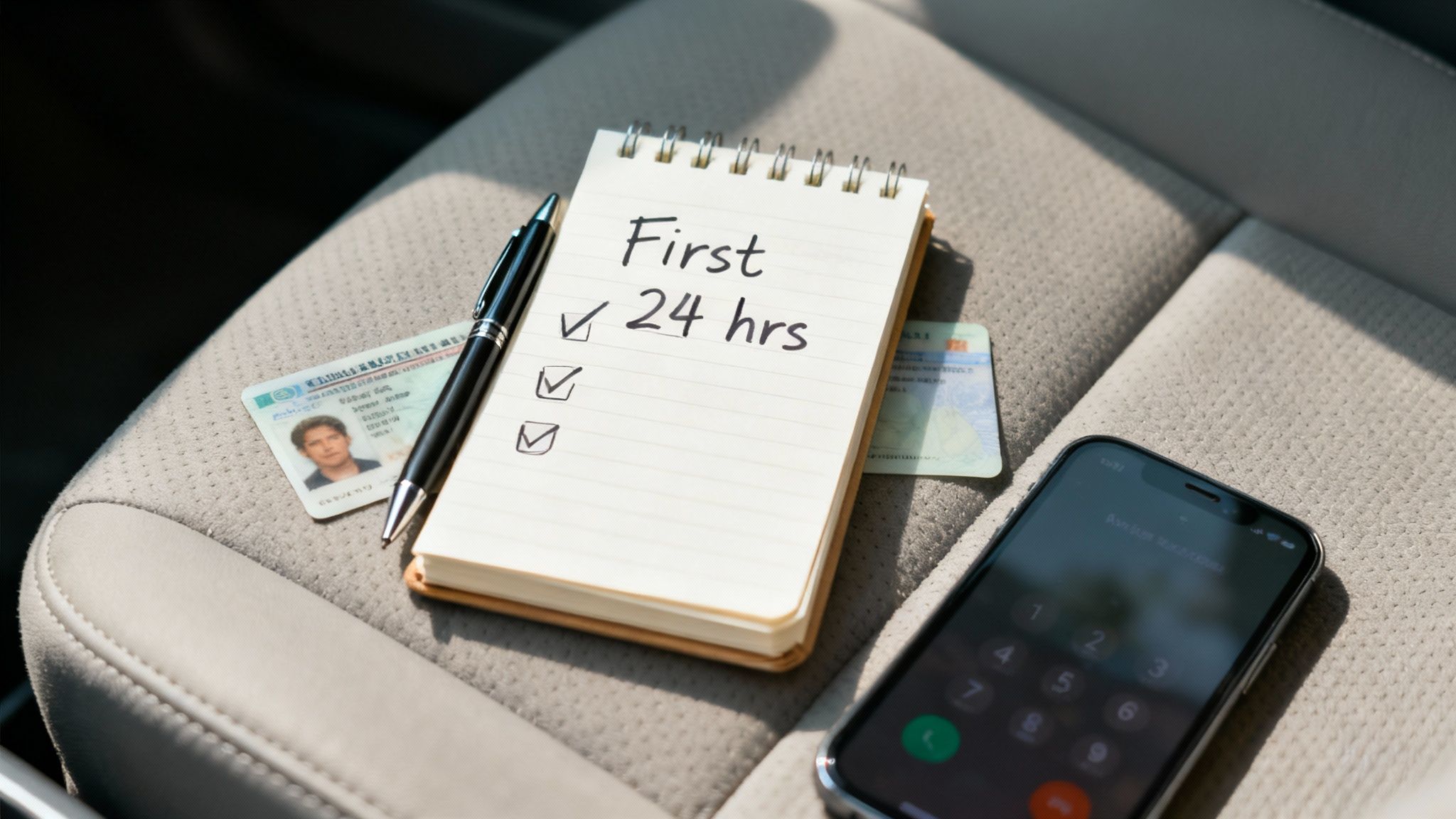 How to Find the Best DWI Lawyer Near Me: A Step-by-Step Guide 1 Spiral notebook with first 24 hours checklist, pen, ID card and phone on car seat