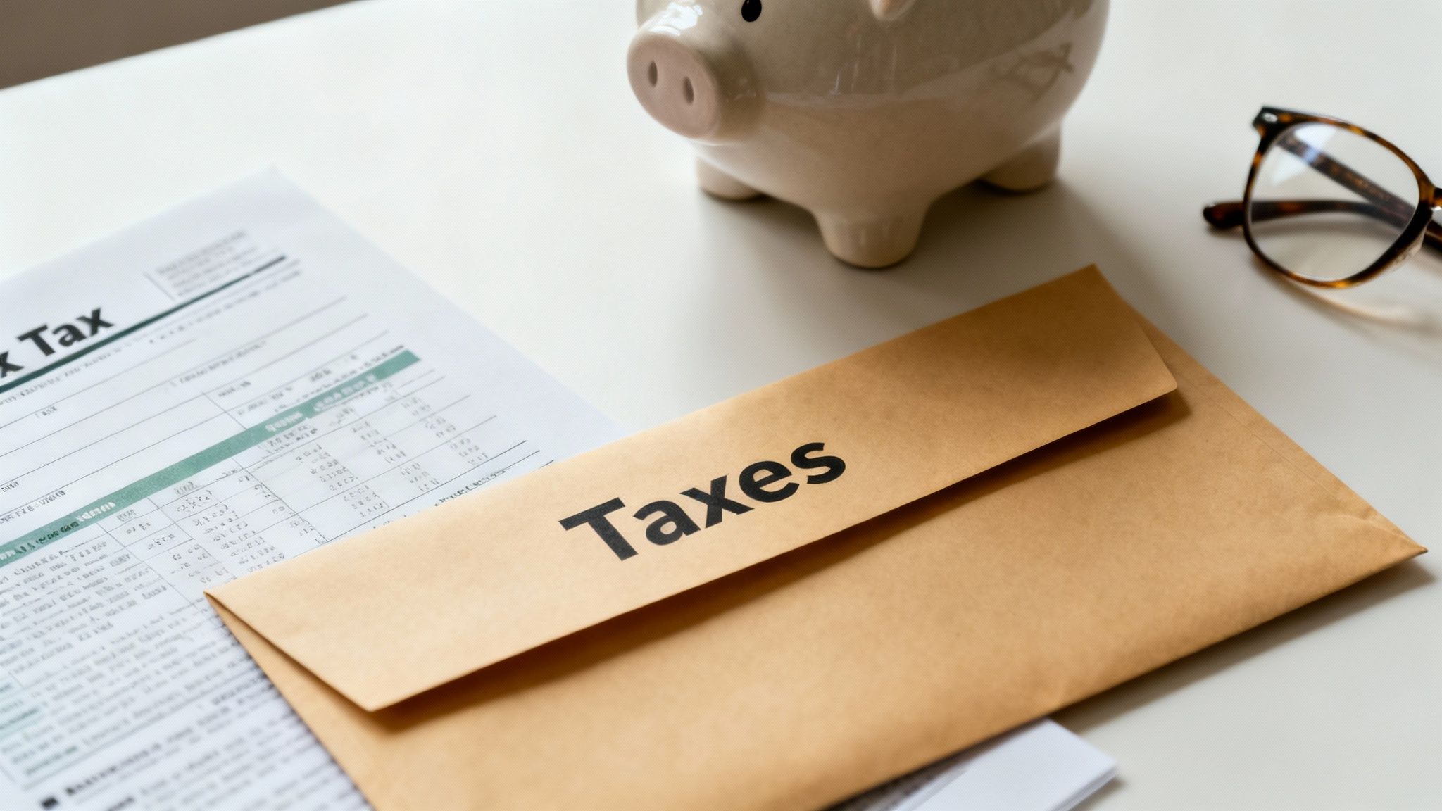 What Is Spousal Maintenance? A Simple Guide to Alimony in Arkansas 3 A brown envelope labeled 'Taxes' on a desk with tax documents, a piggy bank, and eyeglasses.