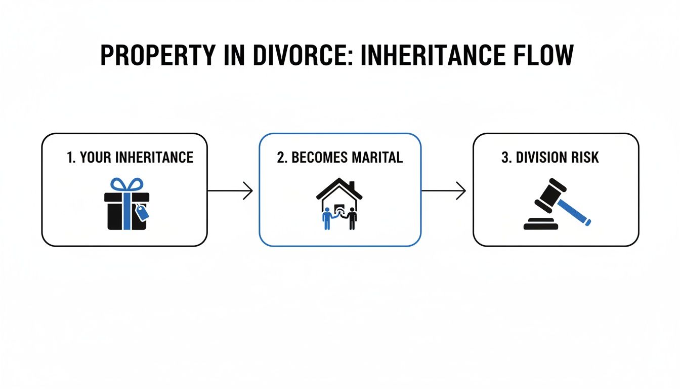 How to Protect Inheritance from Divorce: Essential Tips & Safeguards 1 Flowchart illustrating the path of inheritance from personal to marital property and potential division risk in divorce.